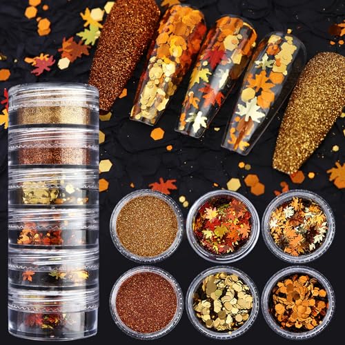 Fall Nail Art Glitter Maple Leaf Nail Sequins Flakes, 2 Colors Manicure fine Glitter Powder, 3D Holographic Orange Red Nail Stickers Decals Supplies Nail Charms for Women Girls 6 Box