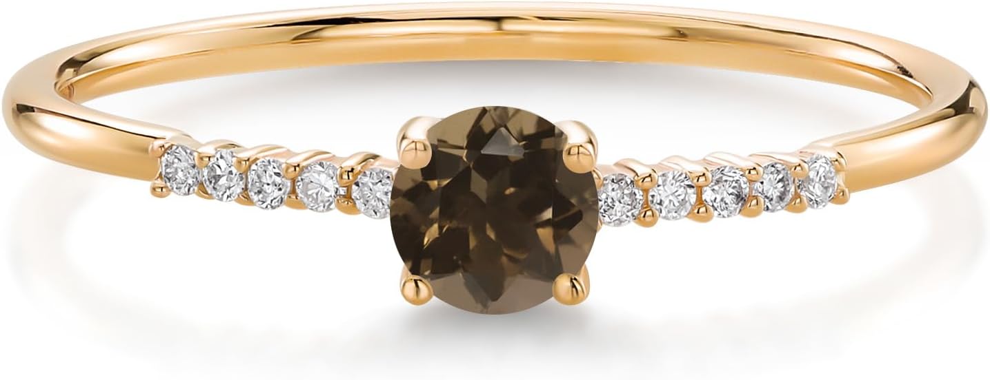 Gem Stone King 10K Yellow Gold Brown Smoky Quartz and White Lab Grown Diamond Engagement Ring For Women (0.31 Cttw, Round 4MM, Gemstone Birthstone)