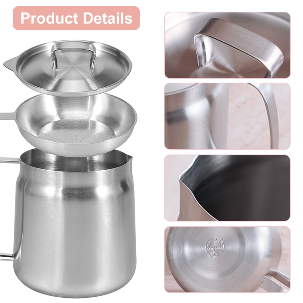 Stainless Steel Oil Filter Pot 2L, Contenitore per Grasso con Filtro a Maglia Fine e Coperchio, Bacon Grease Container, Large Capacity Versatile Oil Filter Pot per Conservare Olio da Frittura