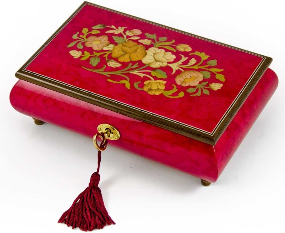 Radiant 18 Note Italian Red Wine Floral Inlay Musical Jewelry Box with Lock and Key - Many Songs to Choose - Rock Around The Clock