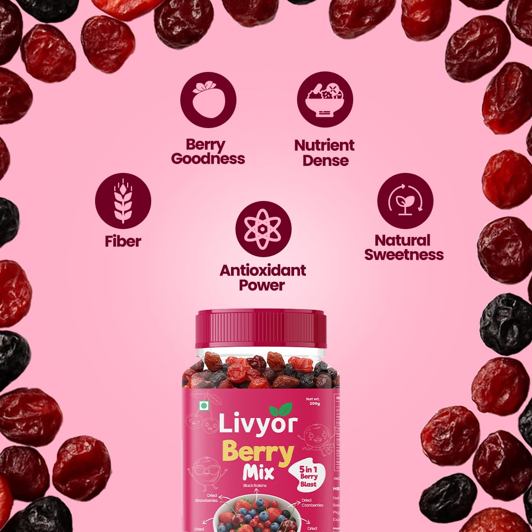 Livyor 5 in 1 Berry Mix for eating - 200 gm | Good Source of Fibre | Dried Cranberries | Black Raisins | Cherries | Blueberries | Strawberries | Berry Blast | Berries dry fruits | Berries fresh | Pack of 1 - Image 5 thumbnail