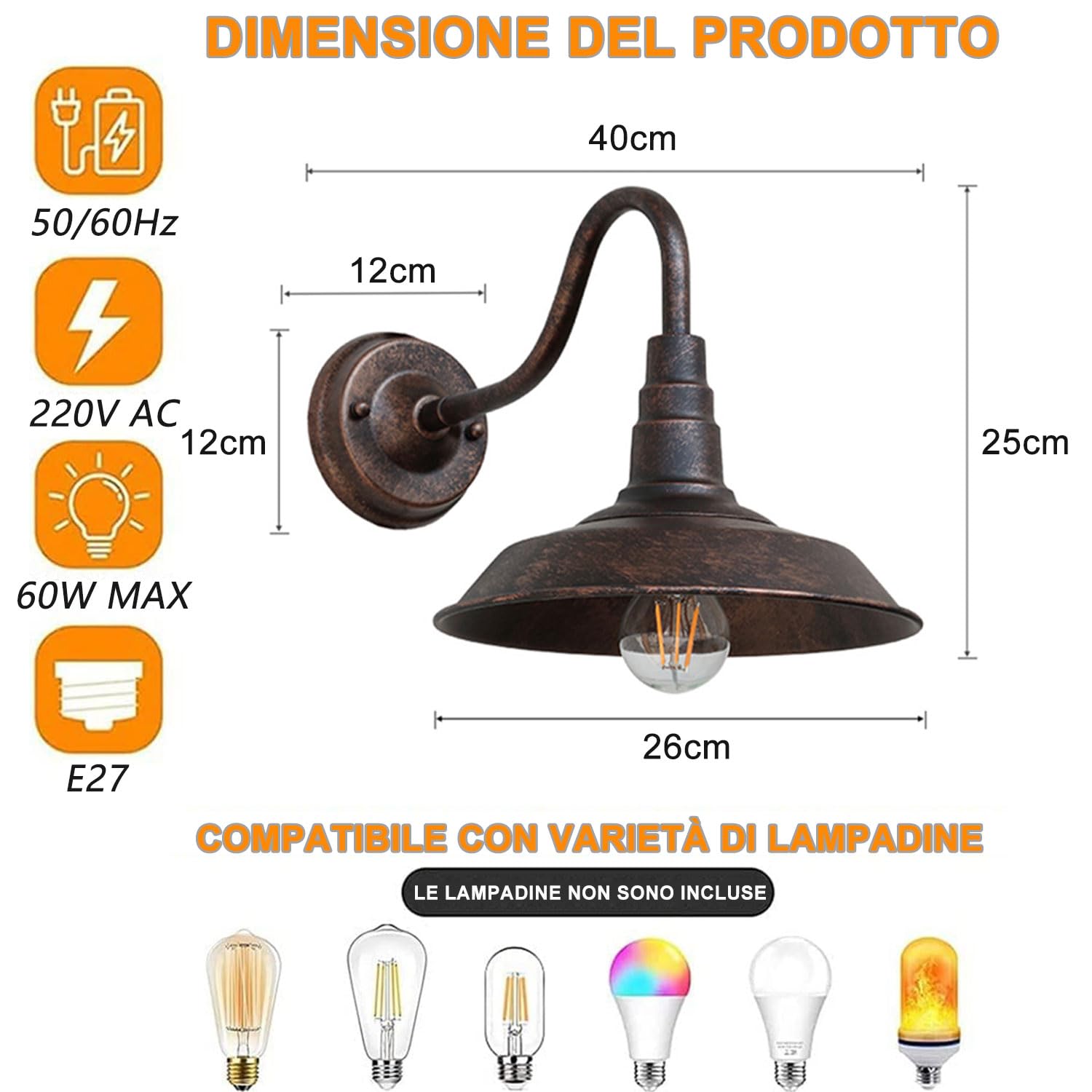 IP54 Lampada da Parete Impermeabile Esterna in Ferro Retro Industriale Collo D'Oca per Agriturismo - Lanterna per Patio Porta