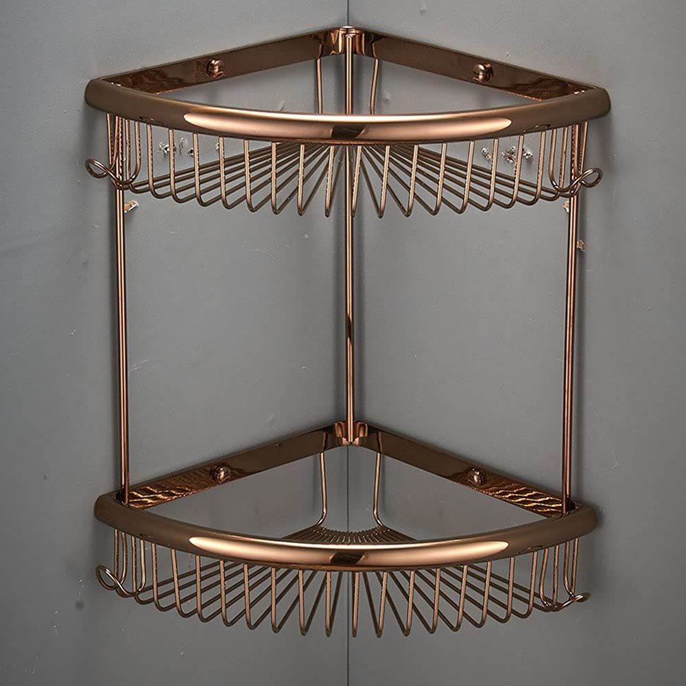 ZJHFFFG 2 Tier Shower Baskets Rust Free Bathroom Caddy Corner Shelves Brass Shower Rack with Hook Shampoo Holder