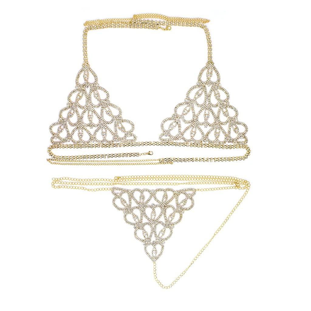 KLXSIVU Necklaces Bikini Body Chain Harness For Women Lingerie Rhinestone Bra And Thong Set (goud One Size)