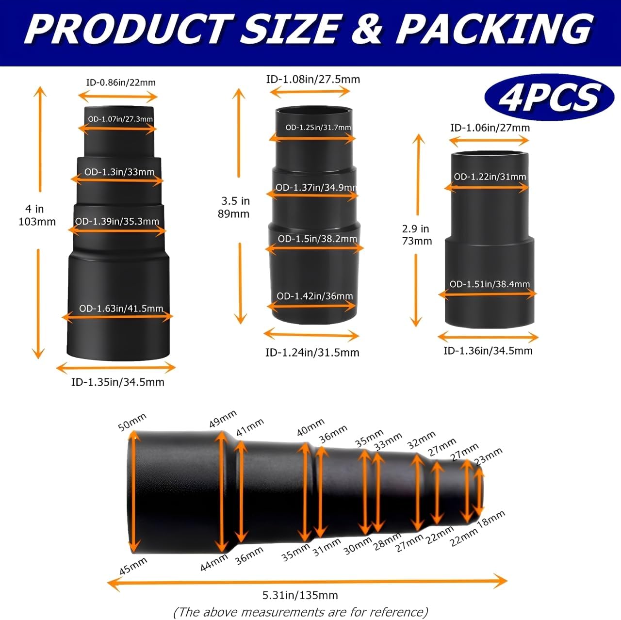 4 Pcs Vacuum Hose Adapter Reducer Attachment Adapter Kit for Wet Dry Shop Cleaner -Converts 1 1/2'' to 1 3/8'' to 1 1/4'', 1''to 1 1/8'' to 1 3/8", 25/30/34 to 42mm