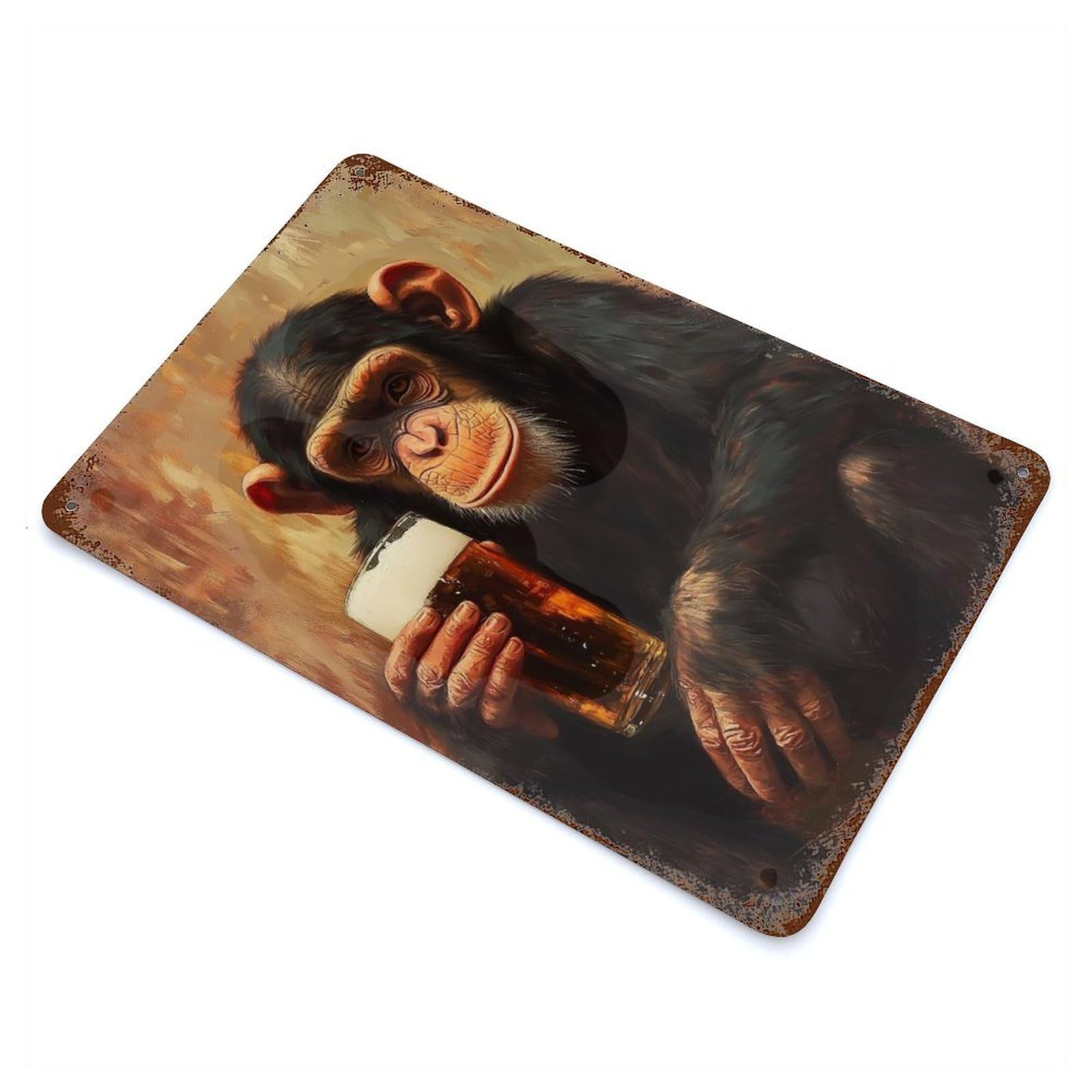 Garage Style Chimpanzee with Beer Rusty Metal Tin Sign 11.8"x7.9", Farmhouse Wall Decor for Bar And Workshop