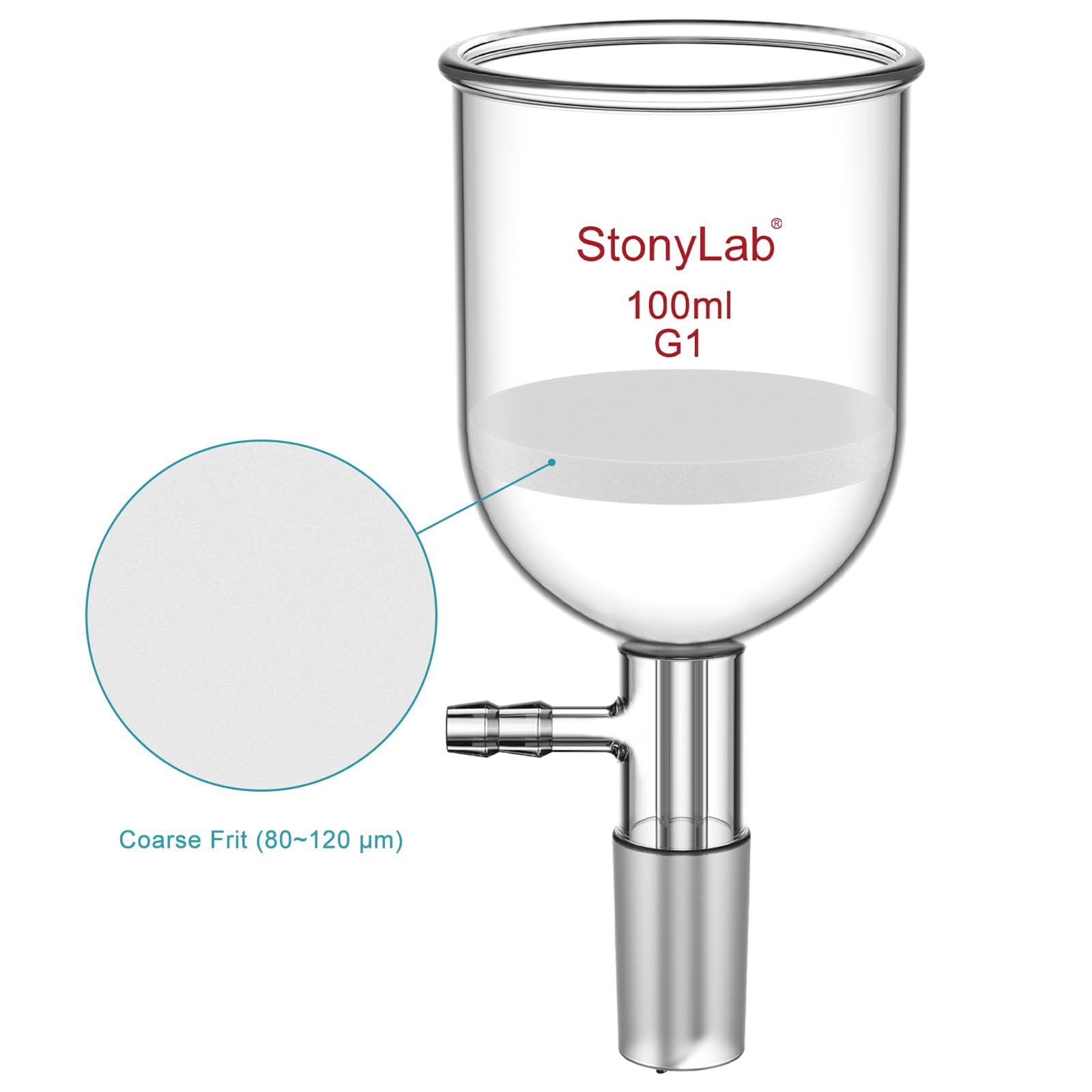 StonyLab borokrzemowy szklany lejek filtrujący z grubym frezem (G1), średnica wewnętrzna 56 mm, głębokość 60 mm, ze standardowym przegubem wewnętrznym 24/40 i ząbkowaną rurką próżniową (100 ml)