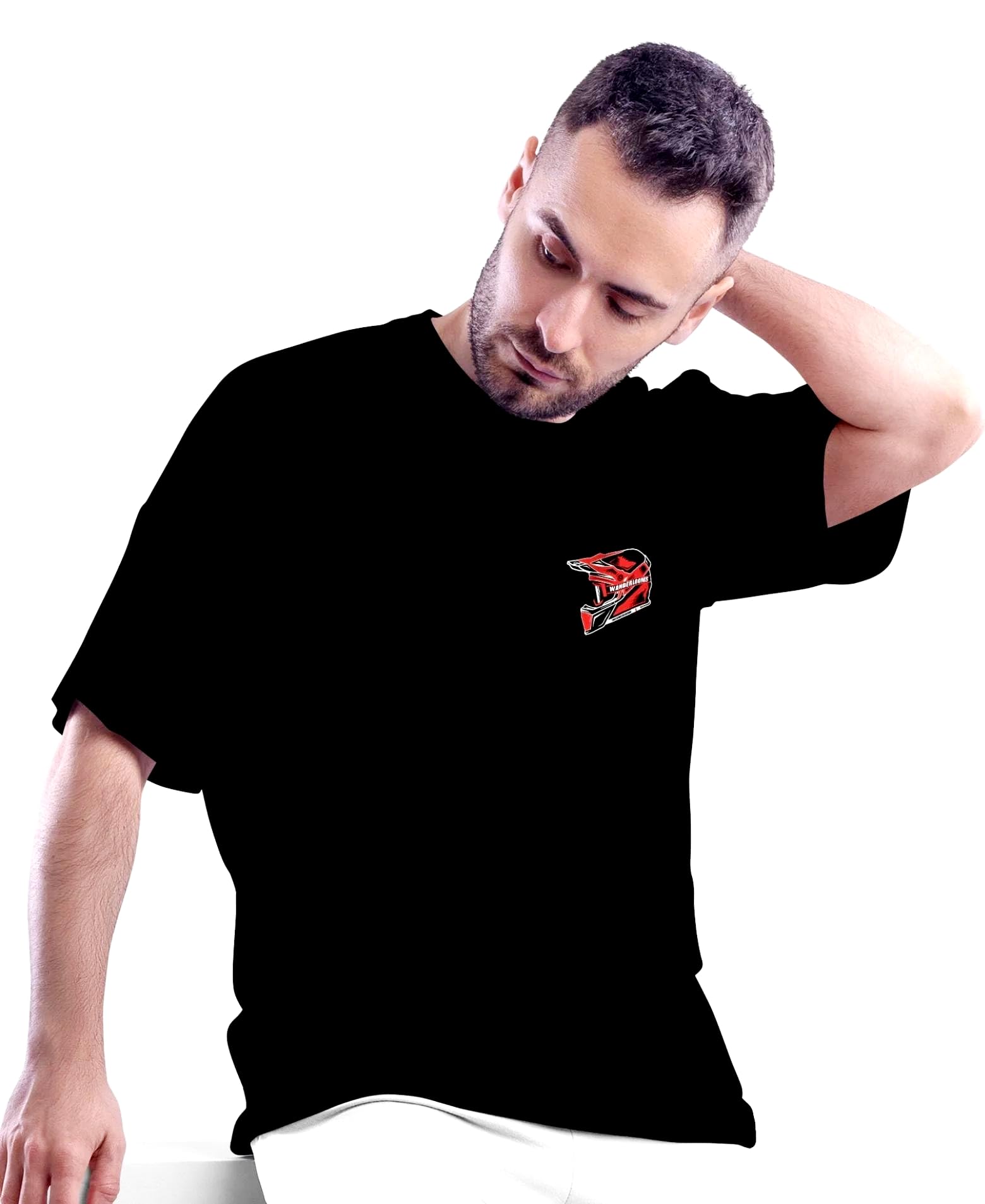 WANDERLOOMS Men's Cotton Oversized T-Shirt Regular Fit Round Neck Half Sleeve Drop Shoulder Tshirt Printed Motocross Glow in The Dark Loose Fit Tshirt Black