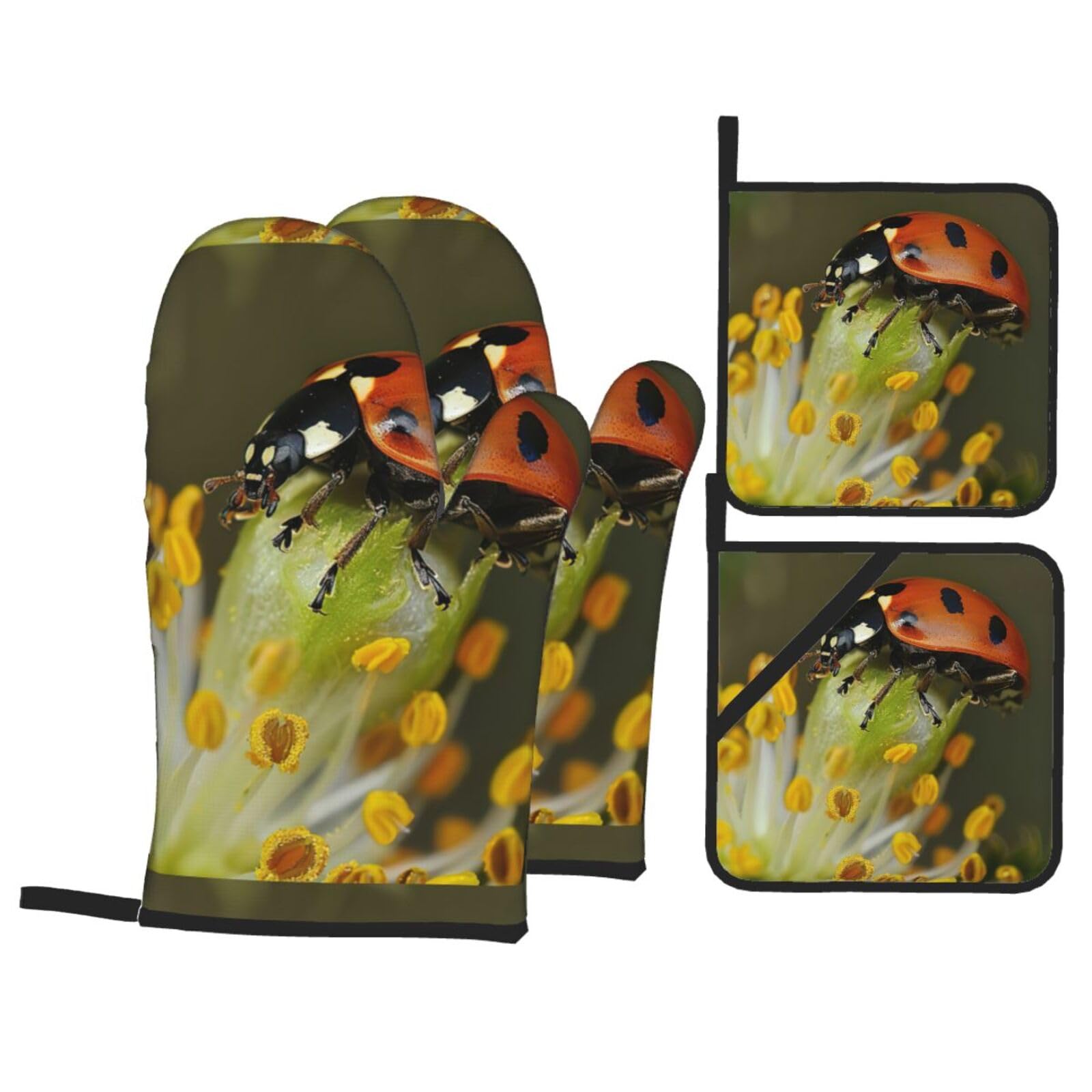Ladybug Print Kitchen Oven Mitts And Pot Holders Set,Hanging Loop Design For Cooking Baking Bbq