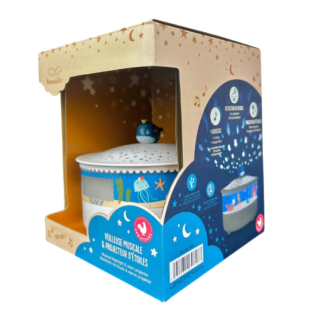 Trousselier - Veilleuse - Projecteur d'Etoiles Ocean 14 Cm - Musical - Détection des Pleurs - Rechargeable USB, Océan