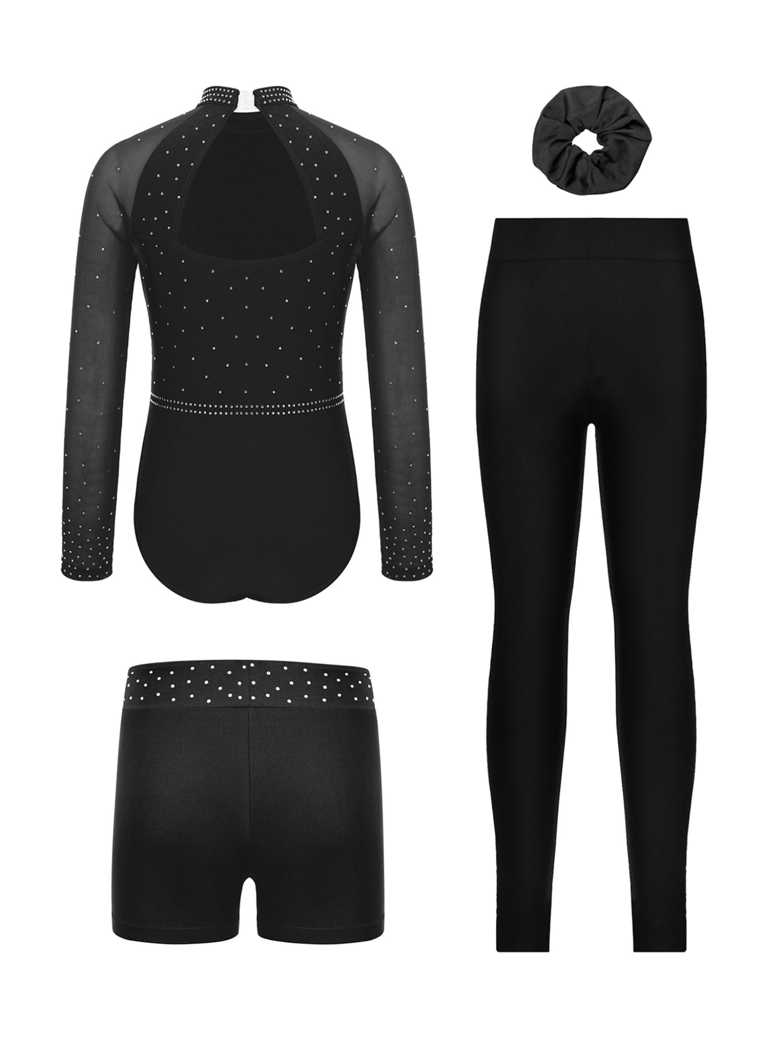 Mädchen Turnanzug Langarm Gymnastikanzug Glitzer Eiskunstlauf Body Overall mit Hose Shorts Haarband Trikotanzug Eislaufen Tanzkostüm