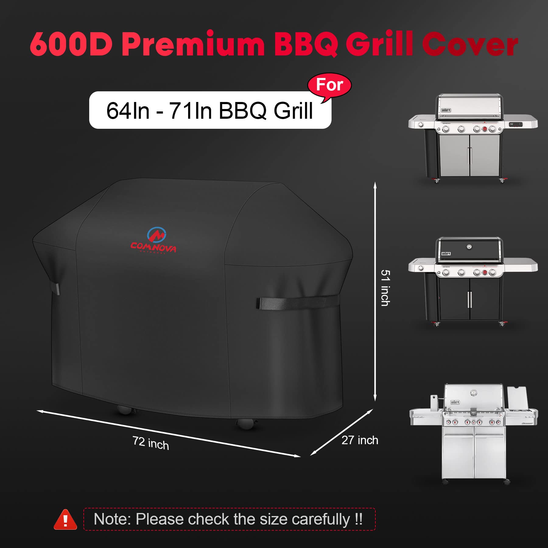 Comnova Pokrowiec na grilla 183 cm – 600D pokrowiec na grilla na zewnątrz, wytrzymały i wodoodporny, duży pokrowiec na grilla gazowego do Weber, Char-Broil, Nexgrill, Monument, Dyna-glo, Brinkmann i wielu innych