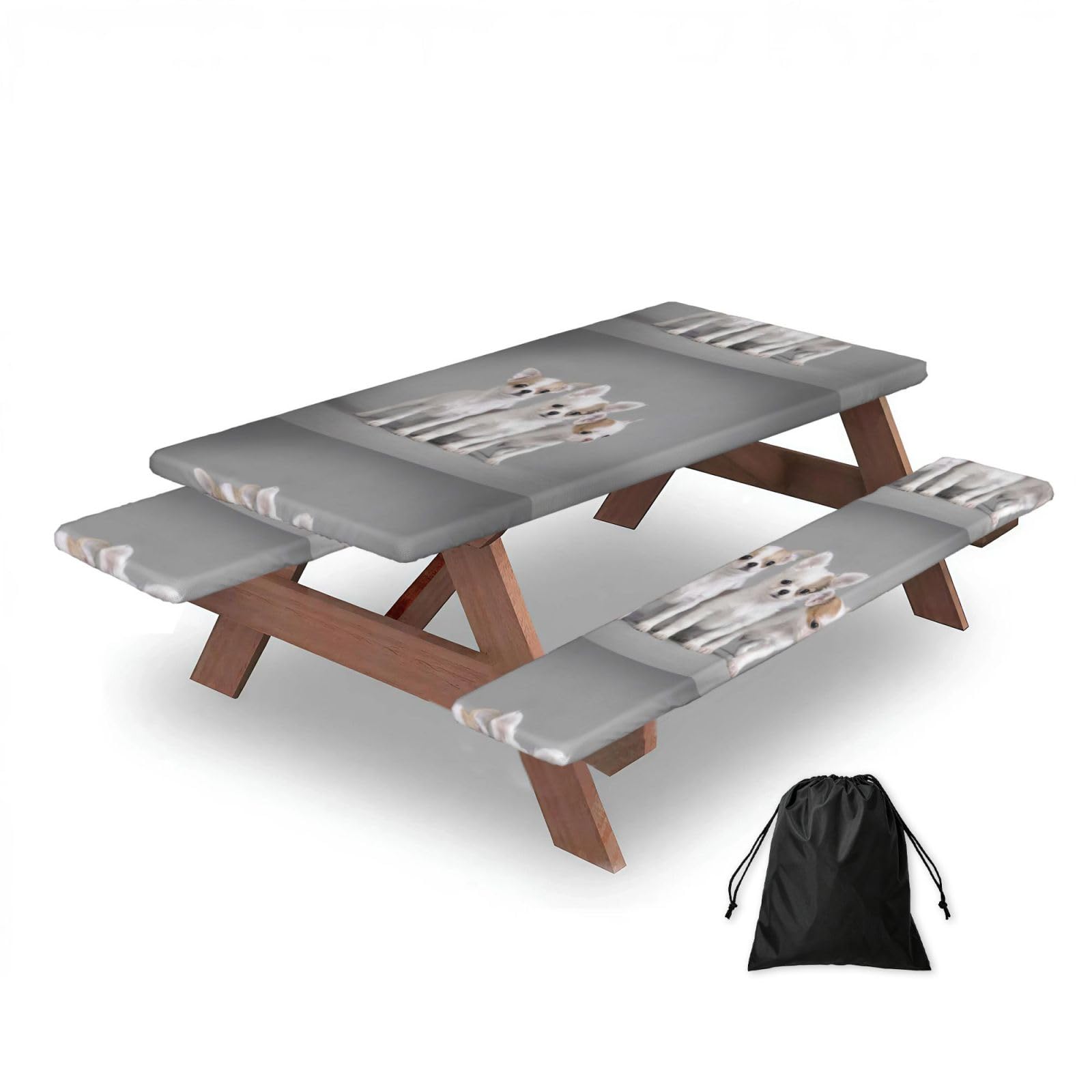 Dopklna As Picture Chihuahua Puppies, Picnic Table Cover With Bench Covers -Waterproof Elastic Fitted Tablecloth For Garden Camping Patio 76X152cm