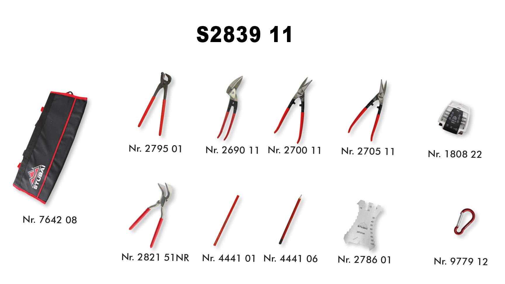 STUBAI Jeu d’outils de ferblantier 11 pcs en trousse à rouleau | cisailles à tôle G/D, pince à sertir 45°, gabarit de traçage, embouts & accessoires | qualité pro pour zingueurs & couvreurs