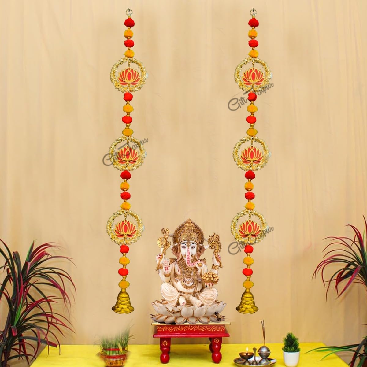 Gift Jaipur 3 Tier Bijiya Bell Latkan with Red Lotus Hanging (Pack of 2) Wall Hangings, Temple Diwali Decorative Items | Backdrop for Ganpati Pooja Room Decoration | Pooja Room Home Temple Decor