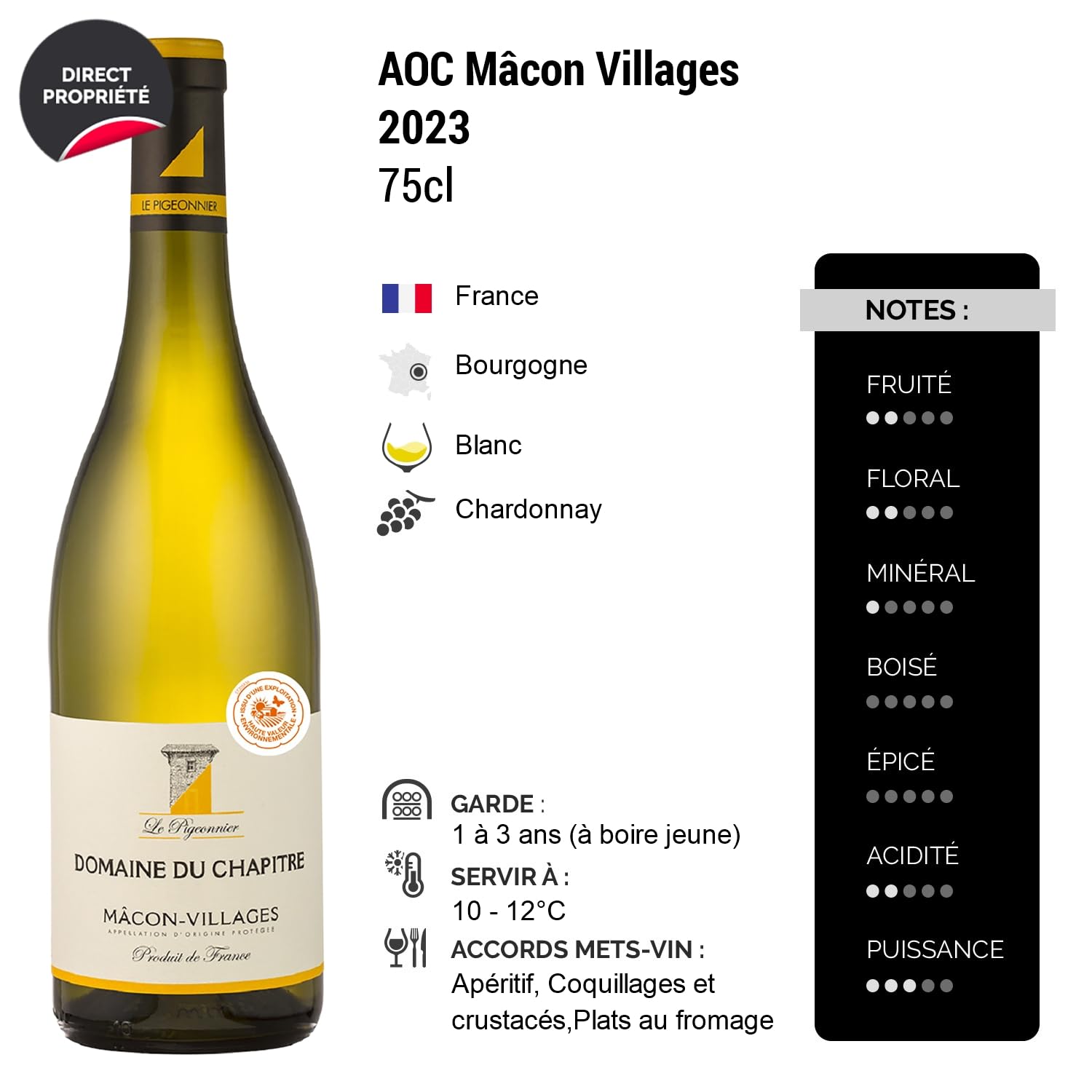 Mâcon Villages Le Pigeonnier - Blanc 2023 - Domaine du Chapitre - Vin Blanc de Bourgogne (3x75cl)