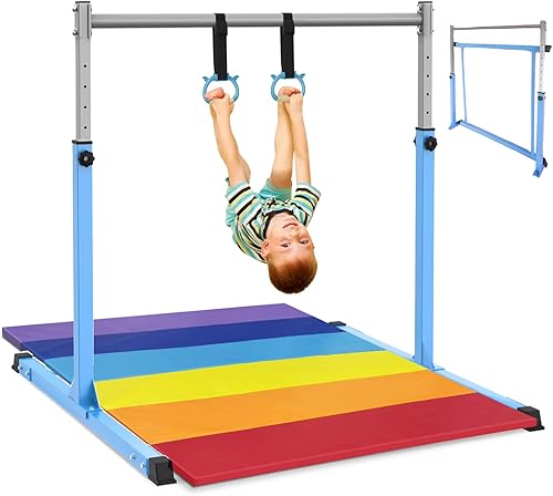Safly Fun Gymnastics Bar for Kids Ages 3-15 | Sturdy Steel Home Gym, Adjustable Height (3 to 5 ft) with Anti-Slip Base, Easy Assembly Azul con