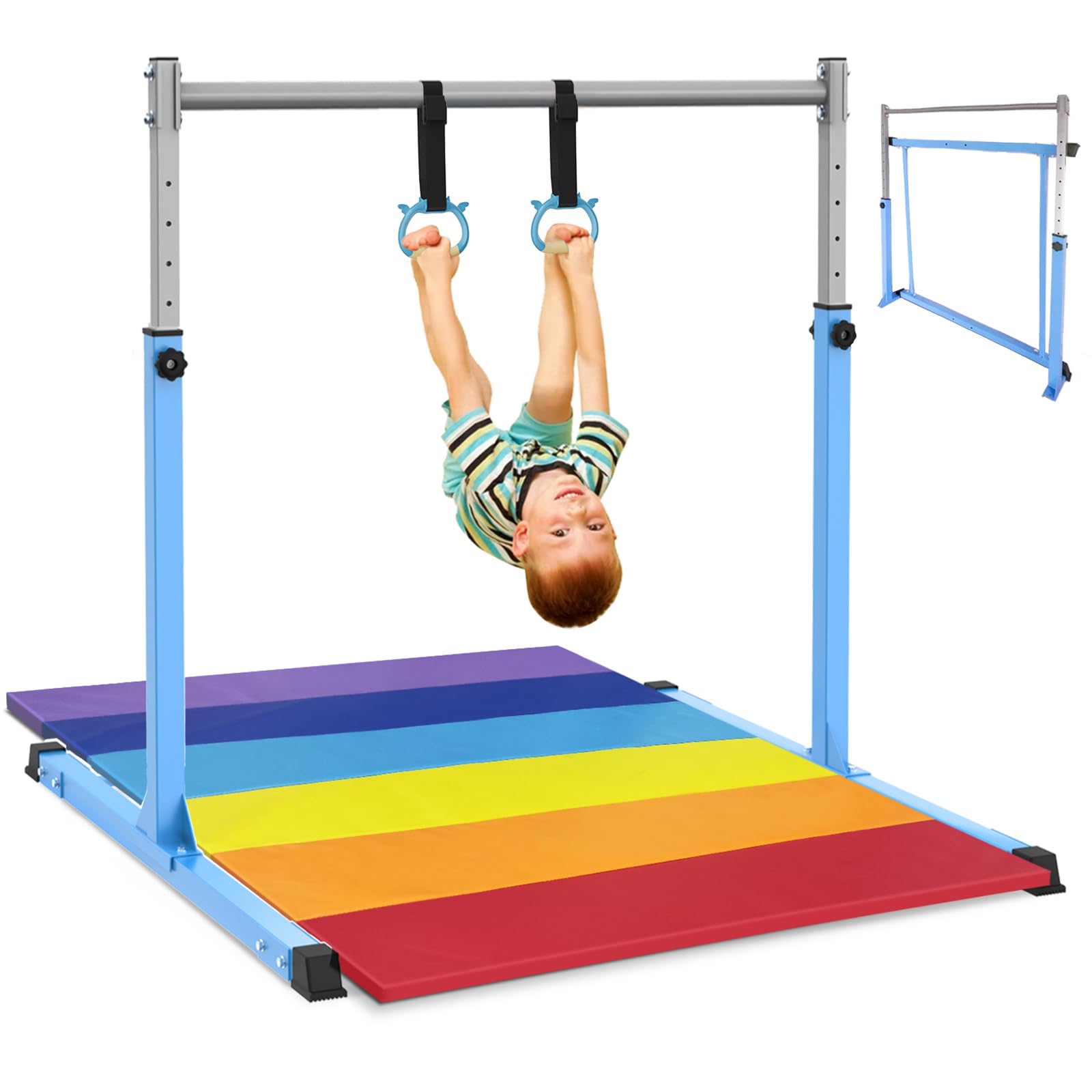 Safly Fun Gymnastics Bar for Kids Ages 3-15 | Sturdy Steel Home Gym, Adjustable Height (3 to 5 ft) with Anti-Slip Base, Easy Assembly