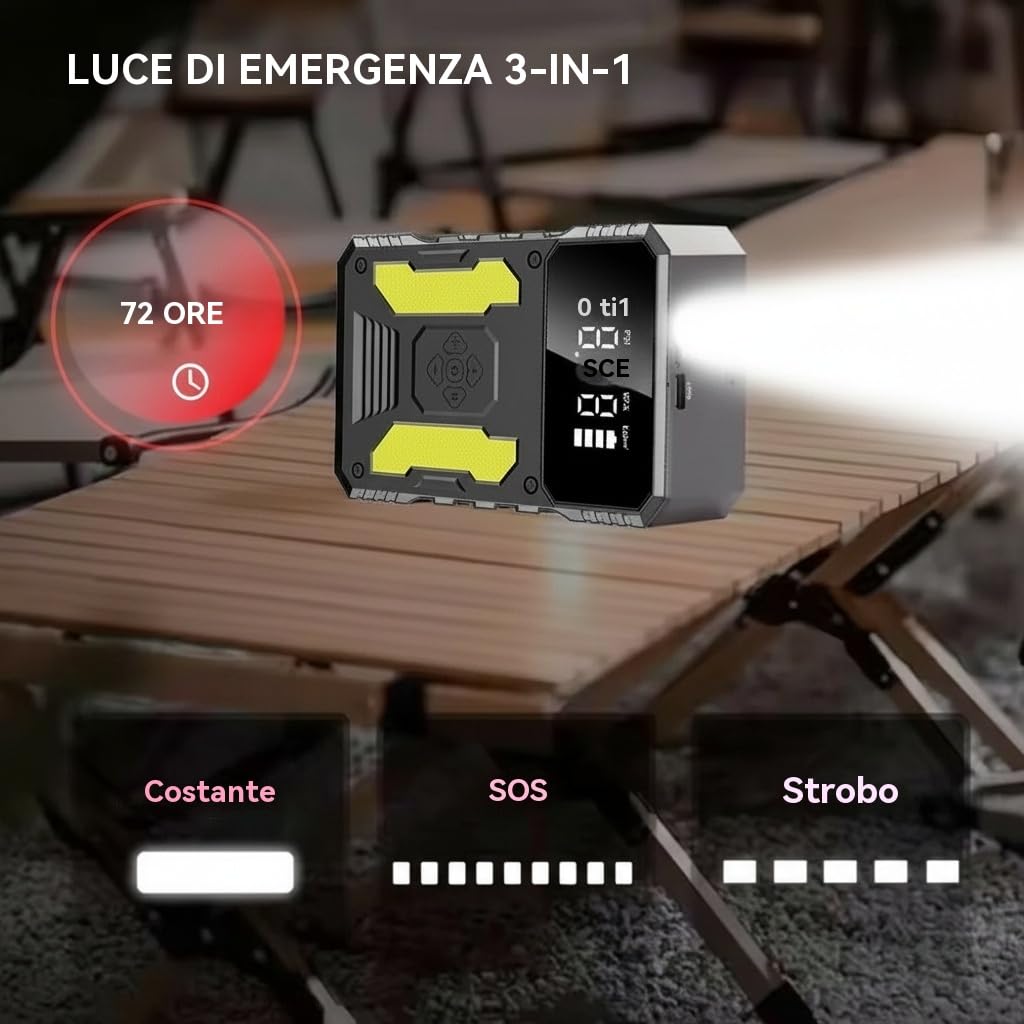 Avviatore portatile 3000A con compressore 150 PSI, 3 modalità LED, ricarica rapida, kit 4 in 1 e sicurezza avanzata, per auto, SUV, diesel fino a 8L, ideale per campeggio, viaggi ed estate