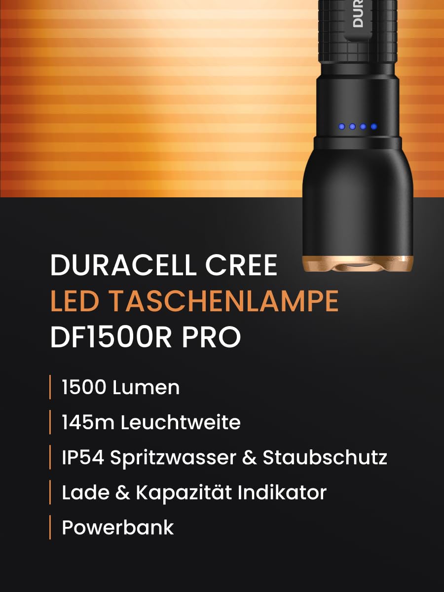 Duracell Linterna LED DF1500R Pro – 1500 lúmenes, enfocable, alcance de 145 m, recargable por USB-C, batería de ion de litio 21700, varios modos de luz, a prueba de salpicaduras, incluye caja de