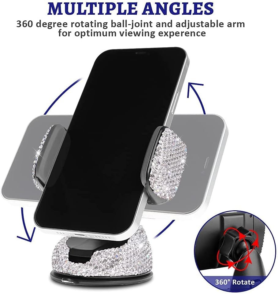 eing Car Phone Mount, 2 Pack, Bling Crystal Phone Holder with One More Air Vent Base, Compatible with iPhone/Samsung Galaxy/LG/Pixel and other smart phones, Silver image 5