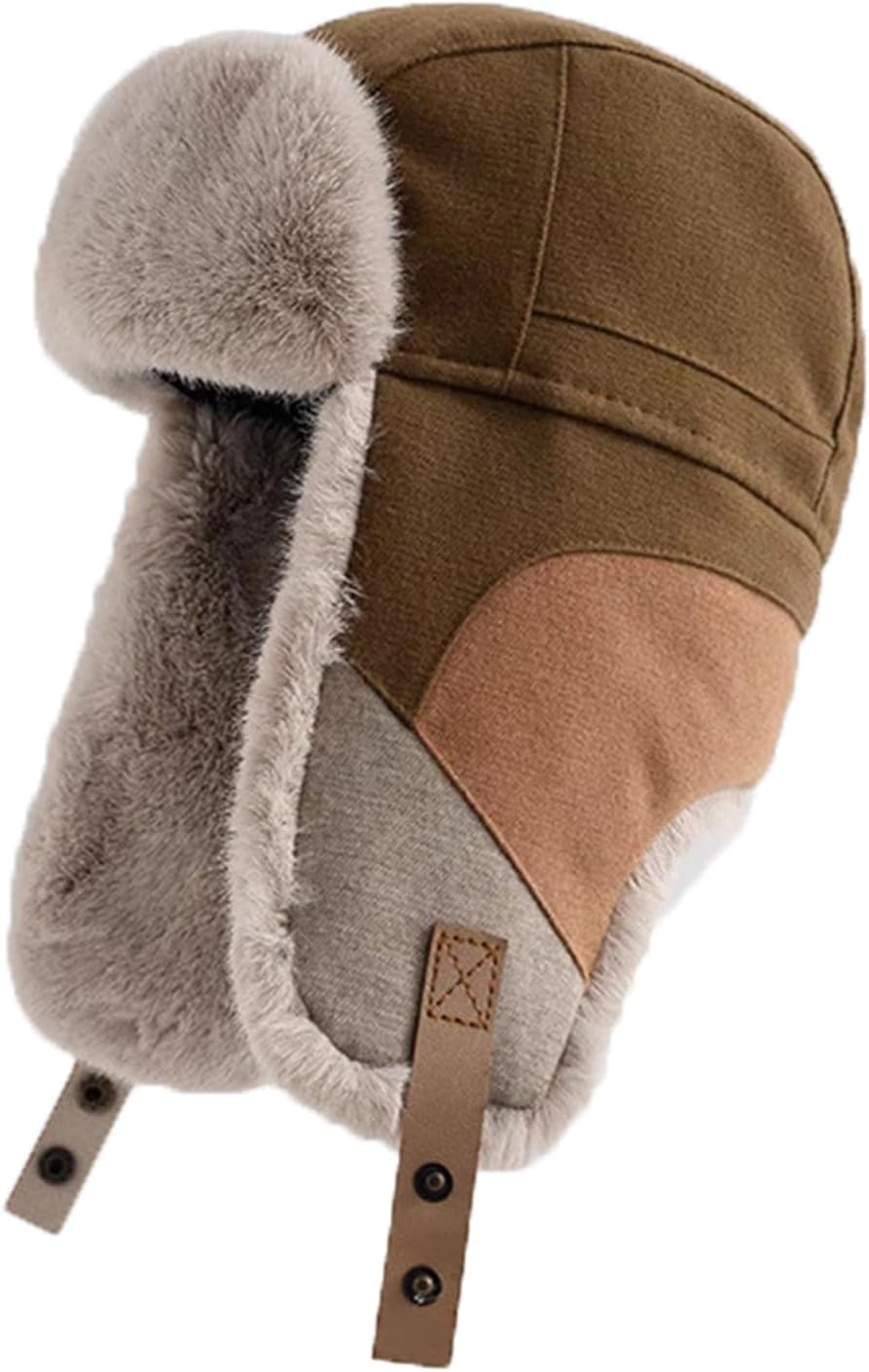 PURFUN Men Women Faux Fur Trapper Hat Stylish Splicing Color Winter Ski Hunting Hat Elders Warm Plush Ushanka Earflap Cap