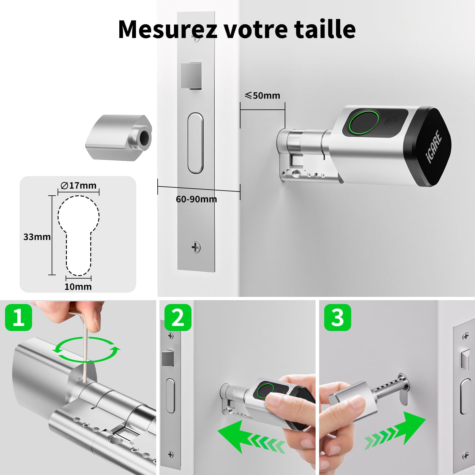 Serrure Connectée, Serrure Biométrique avec Cylindre à Code, Compatible avec Les cylindres de 60 à 90 mm(30/30,45/45), utilisable avec Bluetooth, App, Empreinte Digitale et clé pour Ouvrir Le verrou