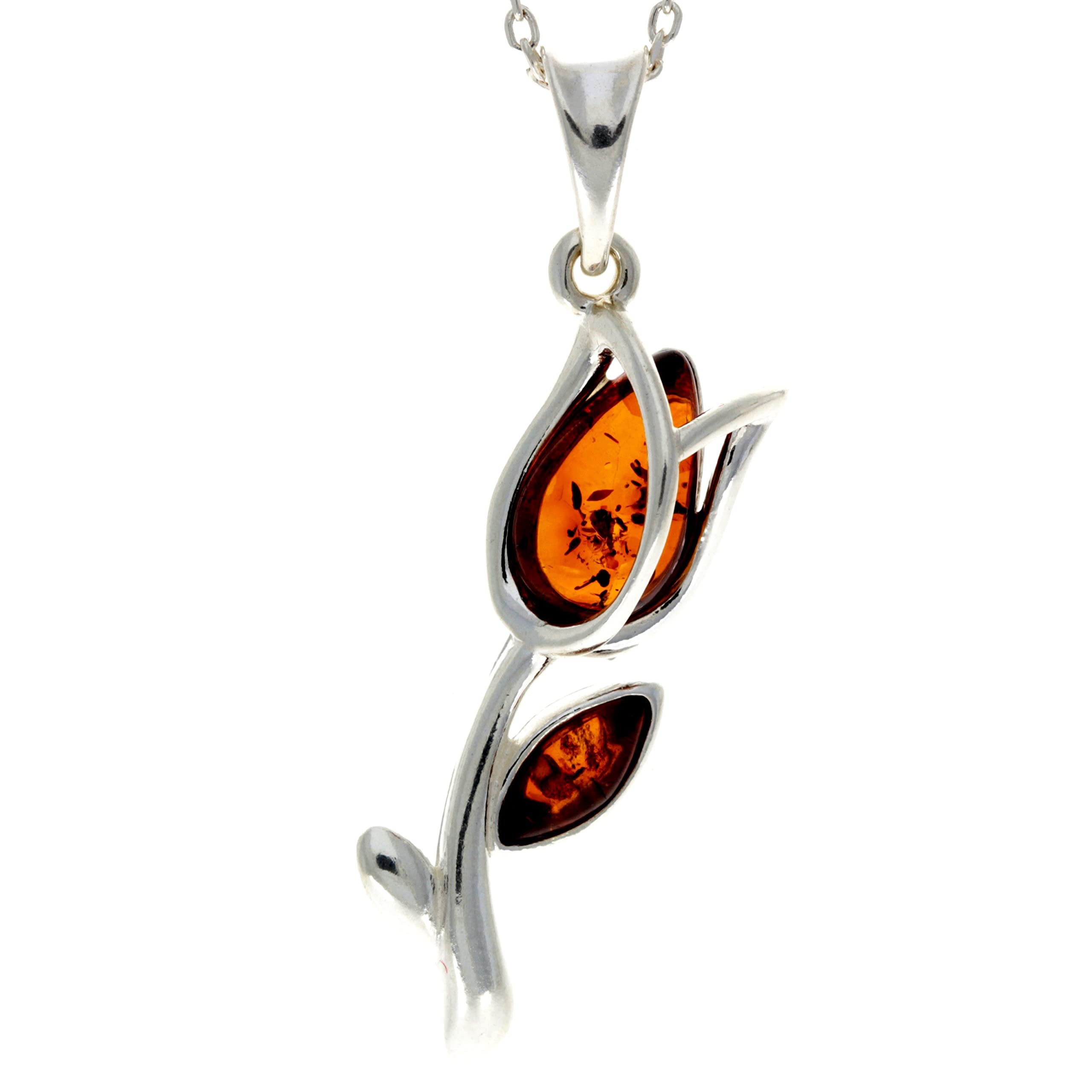 SilverAmber Jewellery Ciondolo moderno a forma di tulipano, in argento Sterling 925 e vera ambra baltica, GL2033