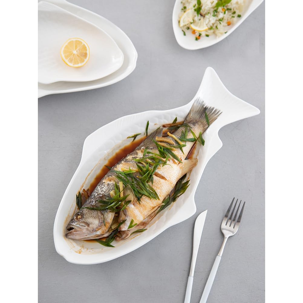 Cabilock Fischteller Keramik Fischplatte Porzellan Servierteller Fischform Lachsplatte Vorlegeplatte Ovale Frühstücksteller Tablett Servierschale Servierplatten für Fisch Snack Meeresfrüchte