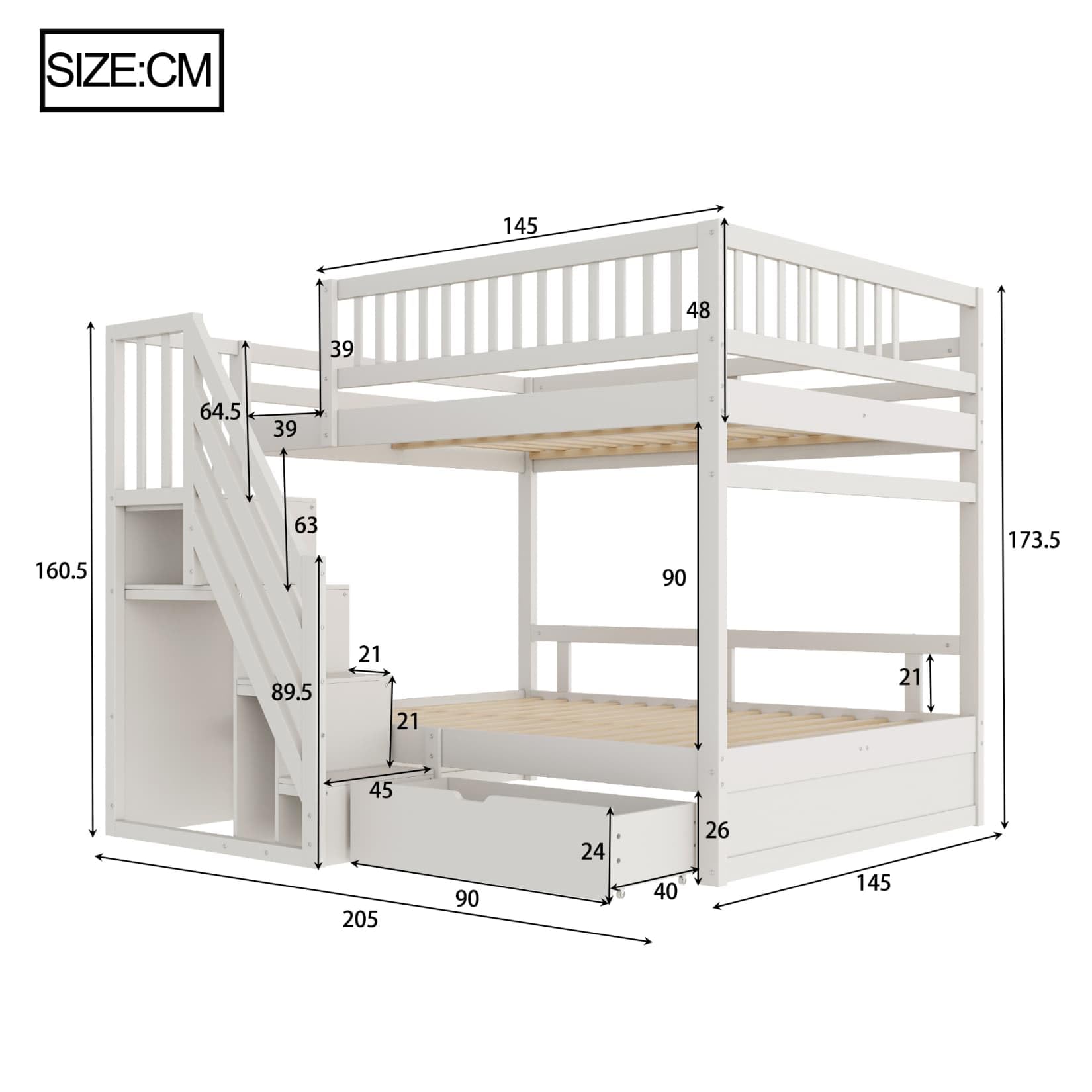 Lit Superposé Enfant 140x200cm,Lit Superposé 2 Places avec Tiroir,Escalier de Rangement,Barrière Haut,Cadre en Bois Massif,Sommier à Lattes Solide,pour Enfants Ados(Blanc 1, 140x200)