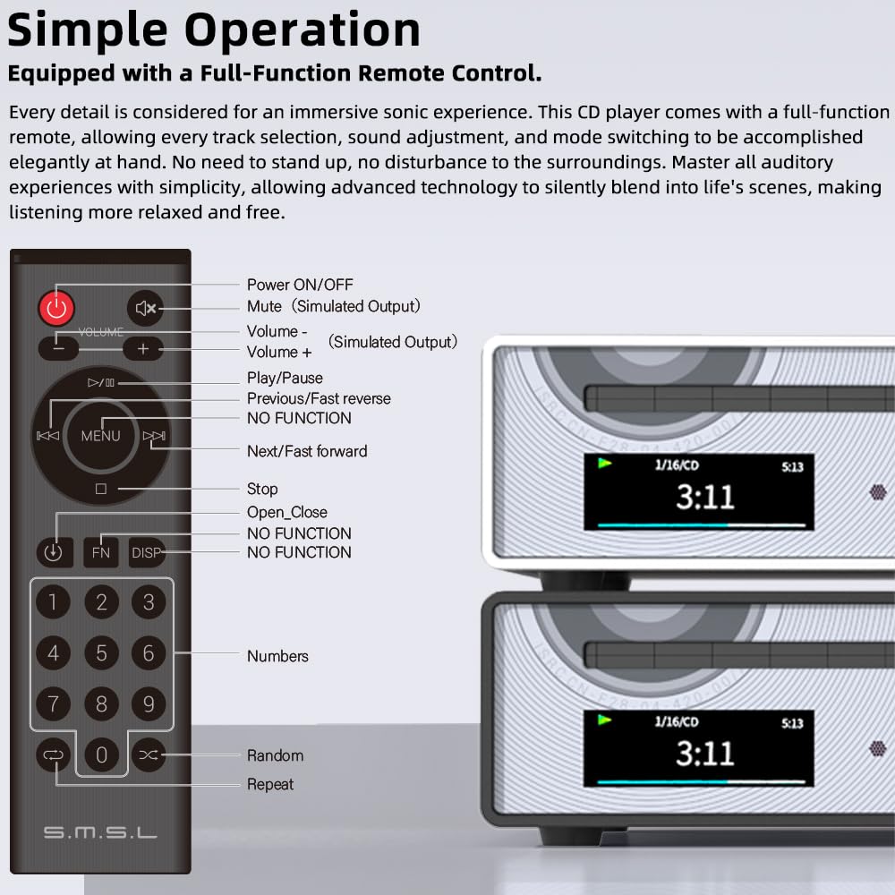 SMSL PL100PRO - Reproductor de CD, RCA/óptico/coaxial/XLR balanceado/salida de auriculares de 3.5 + 4.4 mm, 200 mW 32Ω, 2 chips DAC CS43131 de gama alta, compatible con discos CD-R/CD-RW/MP3