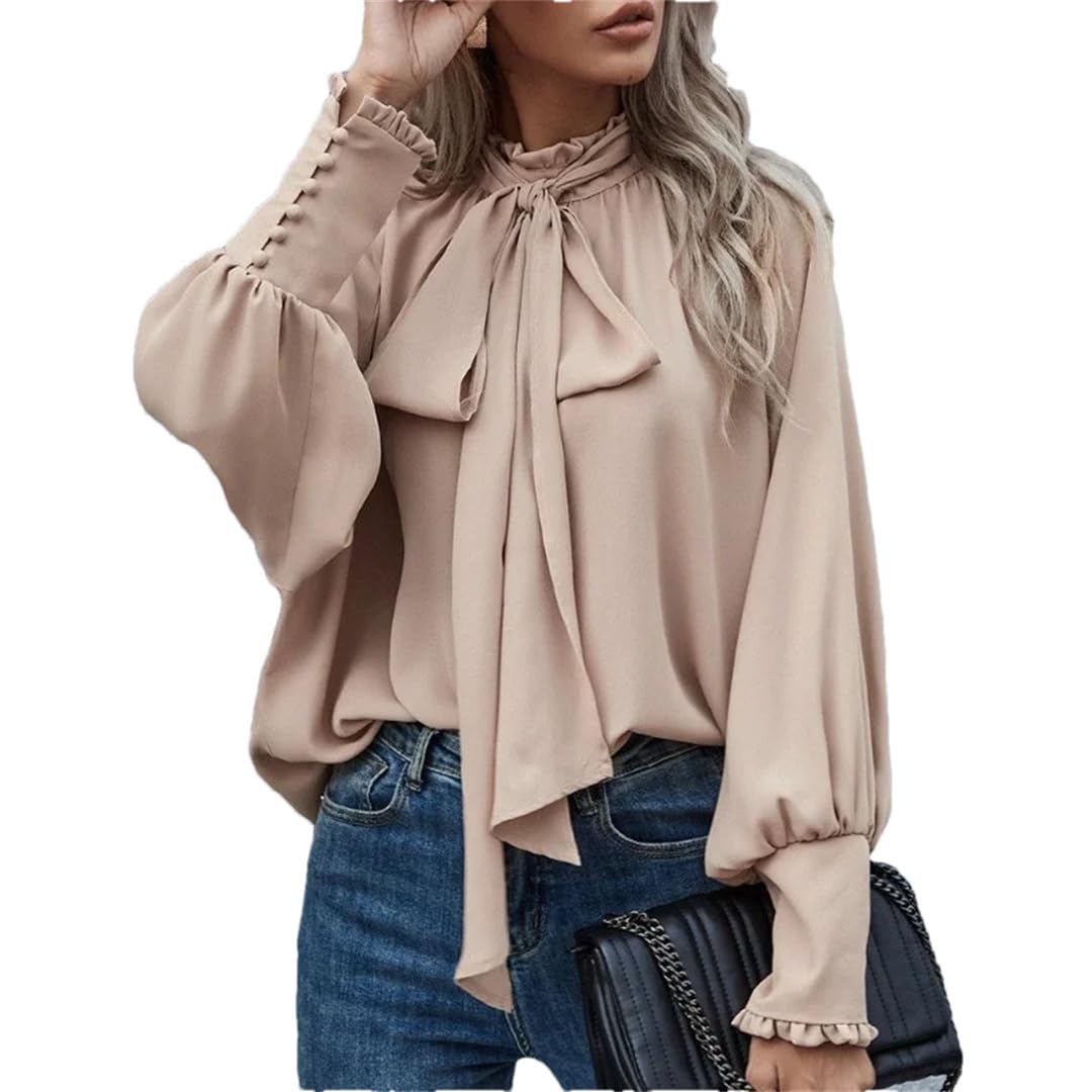 Damen-Bluse mit Schleife und Schleife, einfarbig, langärmelig, lässig, elegant, Chiffon-Bluse