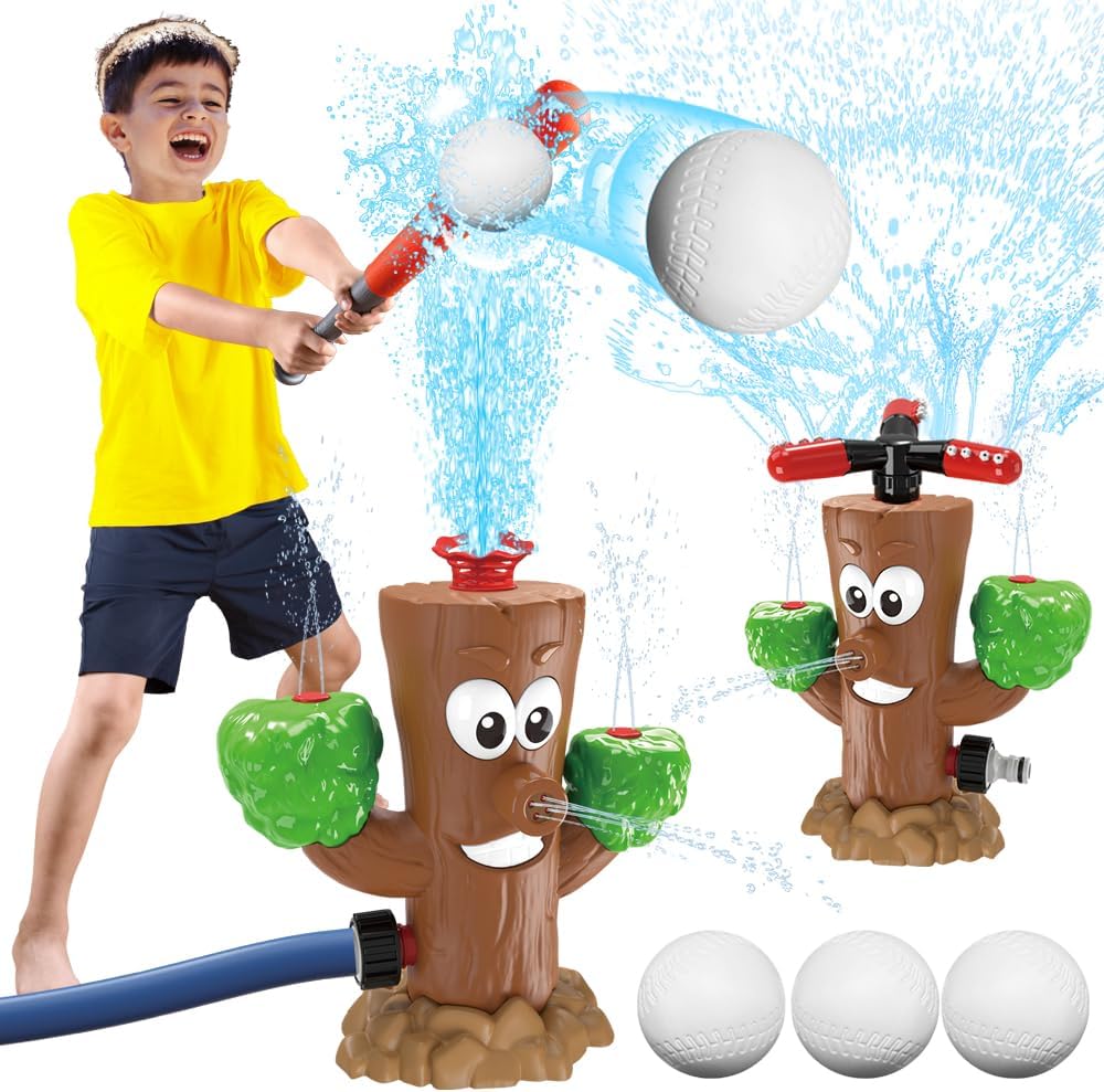 2 in 1 Water Sprinkler Baseball Toy Set, Backyard Spinning Water Spray Toy, Summer Outdoor Sprinkler Toys T Ball Game Lawn Backyard Game for Kids (Tree)