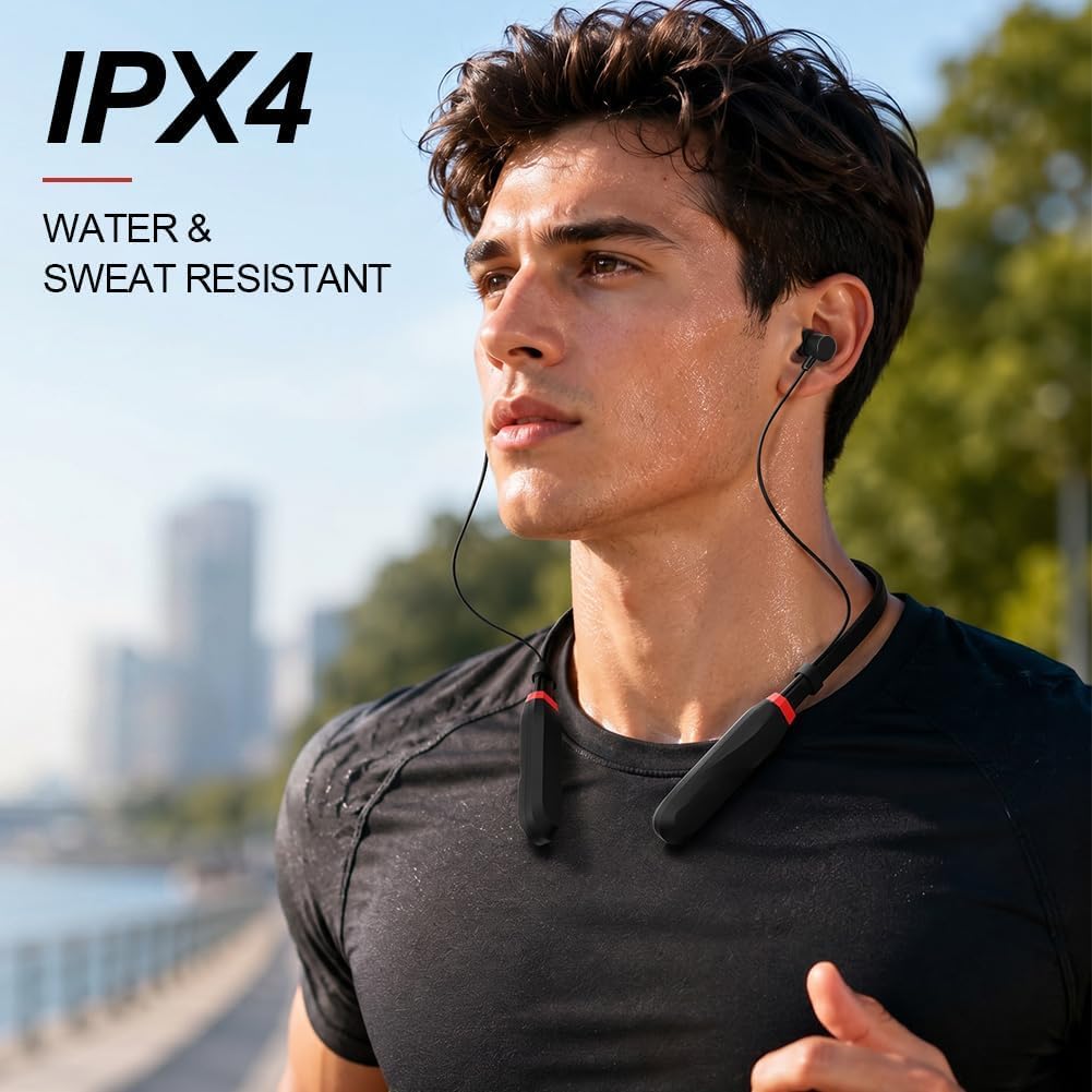 Cuffie Bluetooth con Archetto da Collo 200H di Riproduzione, Auricolari In-Ear Bluetooth 5.3, Cuffie Sportive a Collare, IPX4 Cuffie Wireless Magnetiche per Sport Corsa Palestra Cantiere, Nero