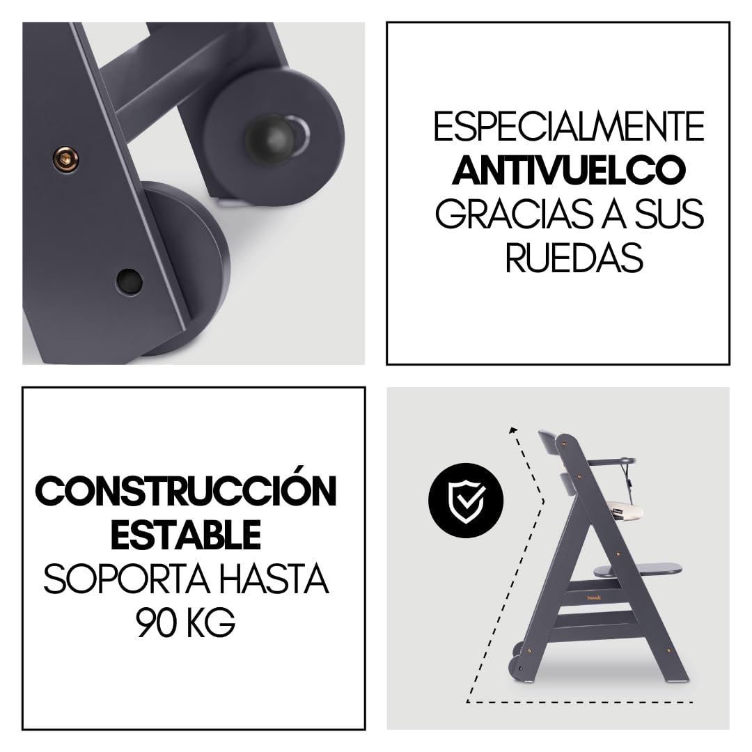 hauck Trona Beta Newborn Set de Trona Evolutiva Bebe apta desde el Nacimiento, Tronas de Bebe Evolutiva con Hamaca, Cojín y Bandeja, Silla Bebe Madera - Melange Grey