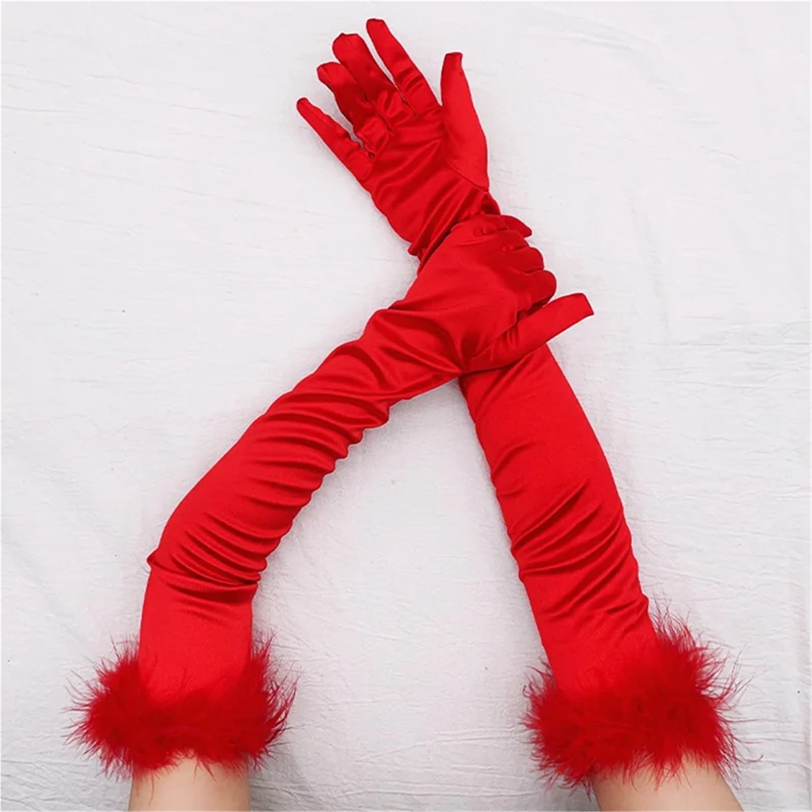 2 paia di eleganti guanti da ballo in raso con piume peluche, a dita intere for le donne, lunghi Halloween, accessori for feste Per Le Donne
