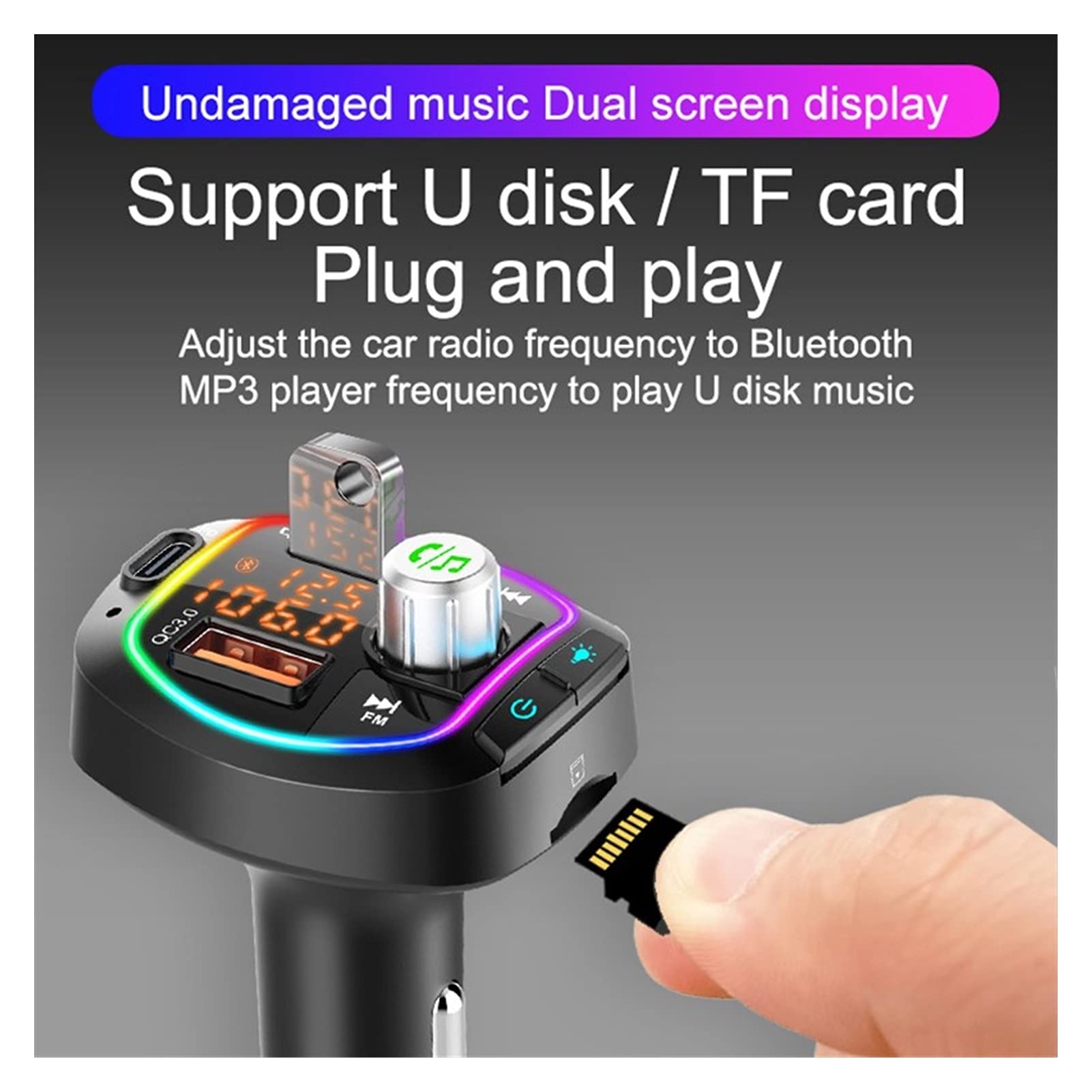 Adaptateur Audio Bluetooth Double USB Chargeur PD + QC3.0 Chargeur Bluetooth 5.0 FÉMININ Lecteur mp3 de Voiture transmetteur avec DSP A2DP Mode Support de lumière colorée U Disk