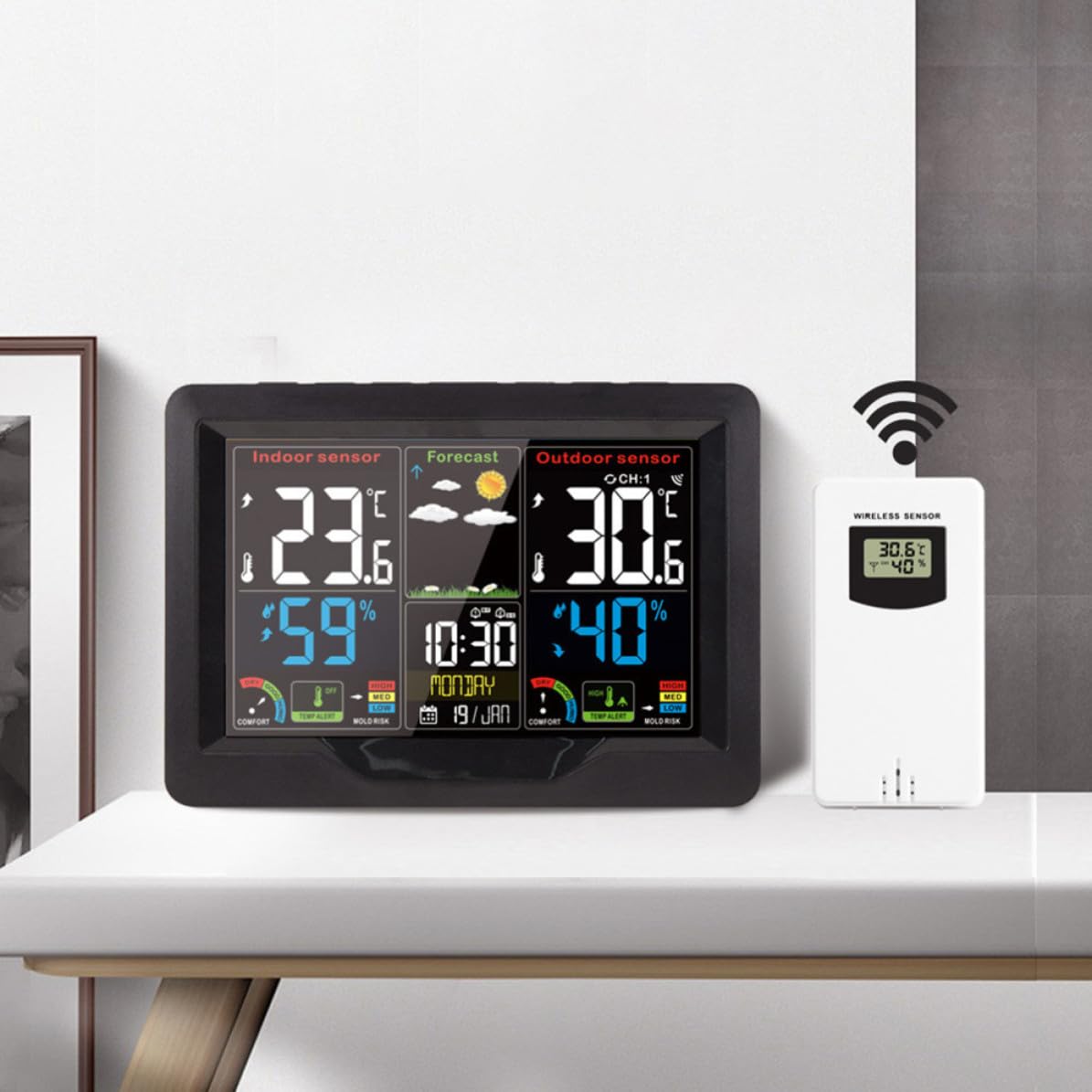 Digitales Innenraum Hygrometer mit Großem Farbdisplay, Schwarz