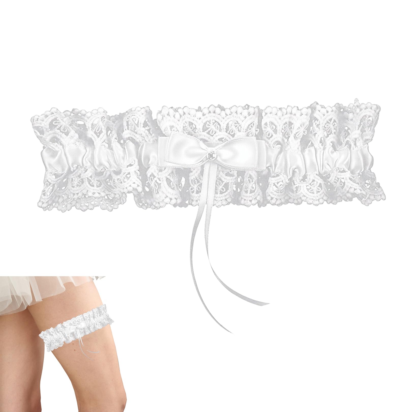 Besmrpg Women's White Bride Wedding Garter, Bow Lace Elastic Leg Garter Elegant Garters For Brides Wedding Dress Accessories Stretchable Bridal Gifts For Girls B-Ridal Shower Parties Hen Night