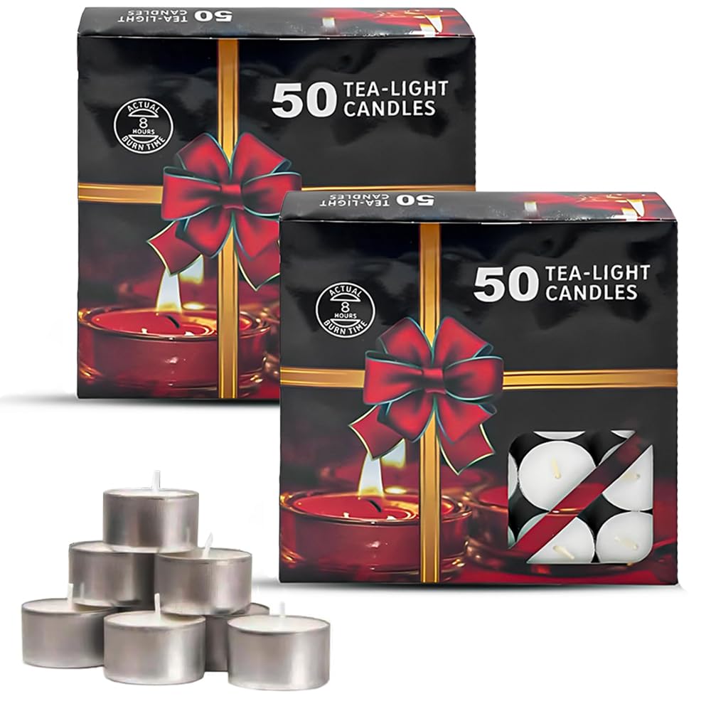 Angix White 100 Tealight Candles - 8 Hour Burn, Unscented, Non-Toxic, Dripless & Smokeless