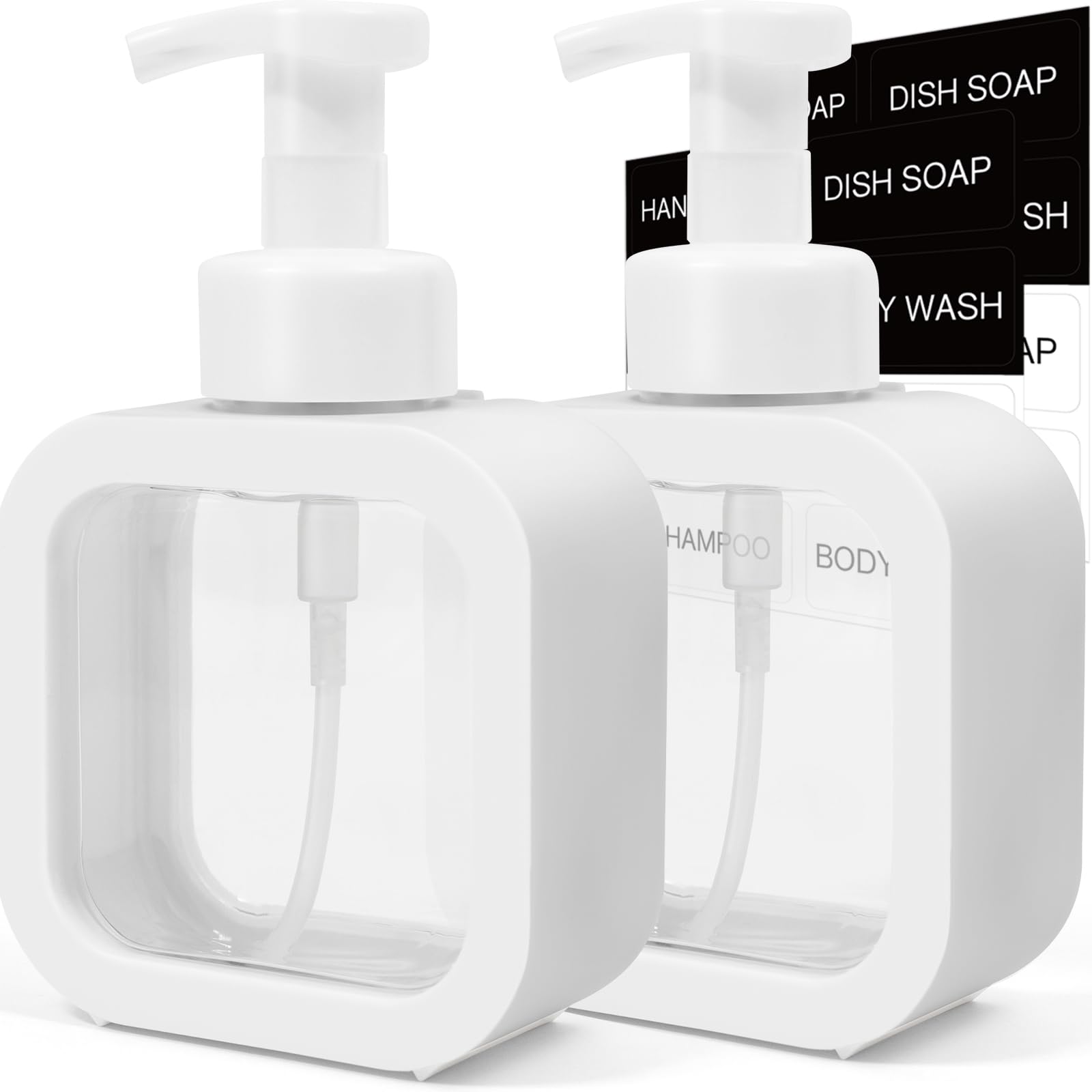 Photo 1 of SVLX YIXVN Foaming Soap Dispenser, 2 Pack 300ml (10oz) Plastic Refillable Foaming Hand Soap Dispenser with 16 Pcs Waterproof Labels, Foam Pump Bottle for Bathroom and Kitchen (White)