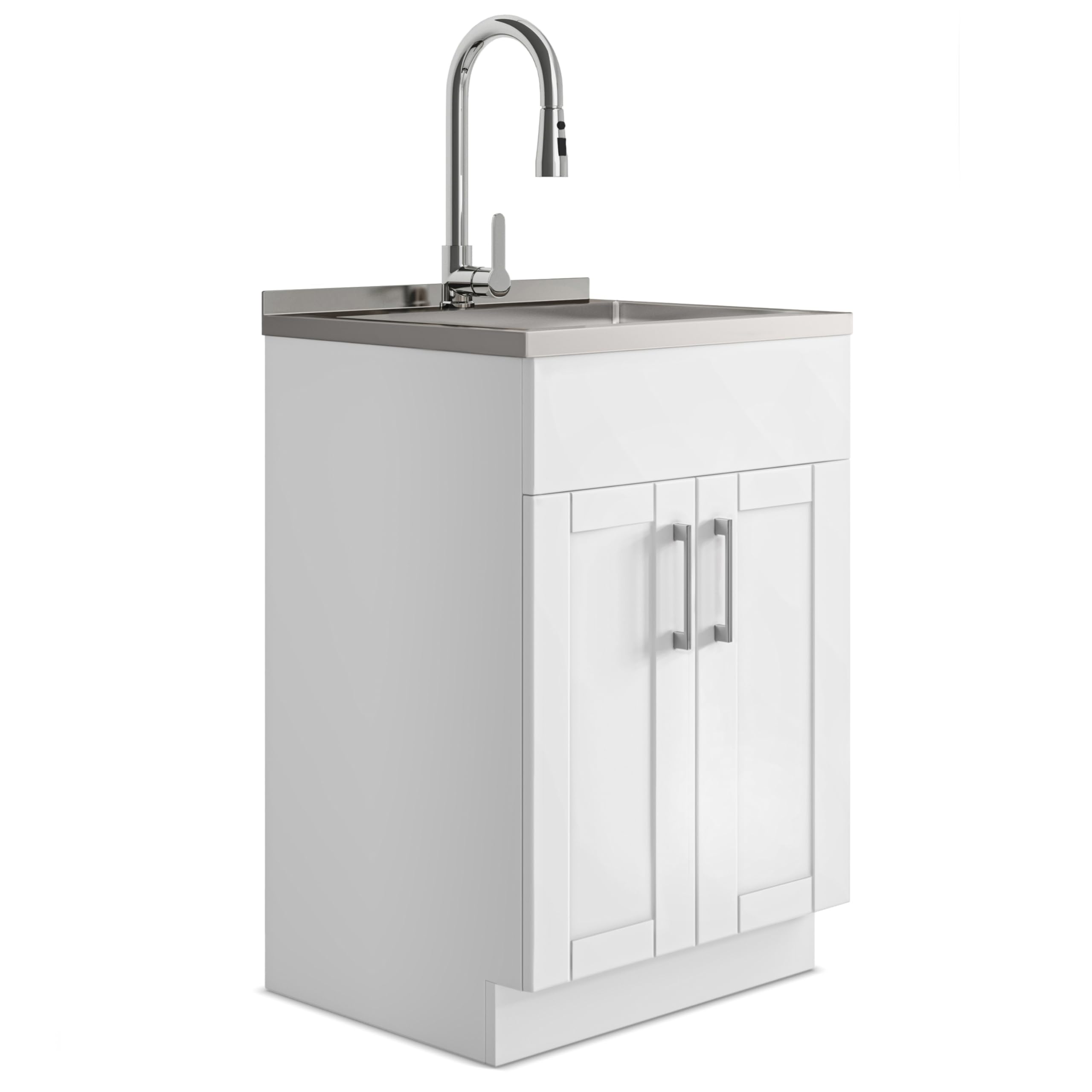 SIMPLIHOME Modern Wide Shaker All-in-One 24 inch Wide Utility Sink and Laundry Cabinet in Pure White Finish, Transitional Stainless Steel Sink Cabinet