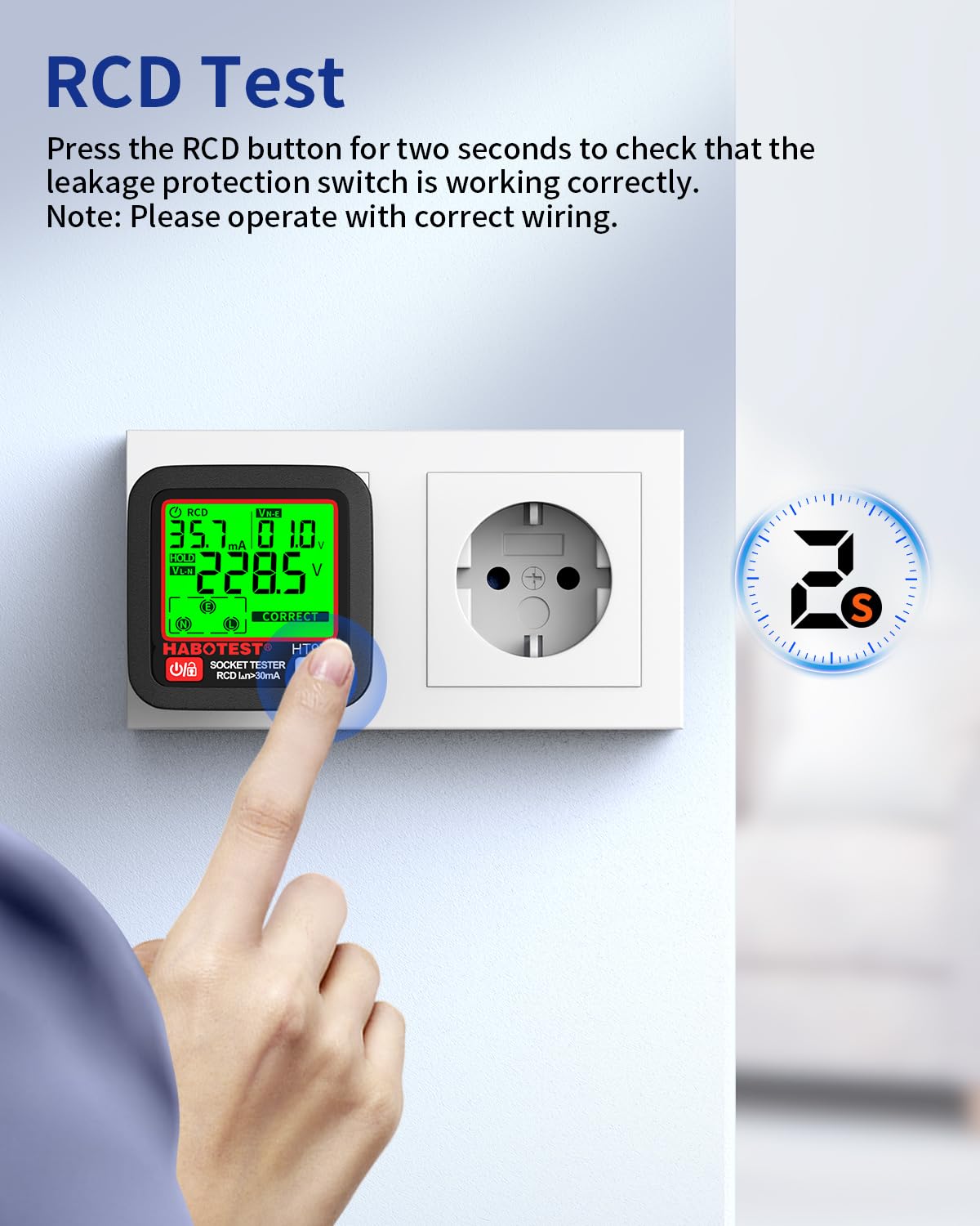 YOJOCK Tester de Prese, Tester per Circuiti Elettrici con Test RCD e Display LCD, 6 Tipi di Diagnosi di Errore, Indicatore di Tensione e Frequenza,30-260V/45-65Hz (EU Plug)