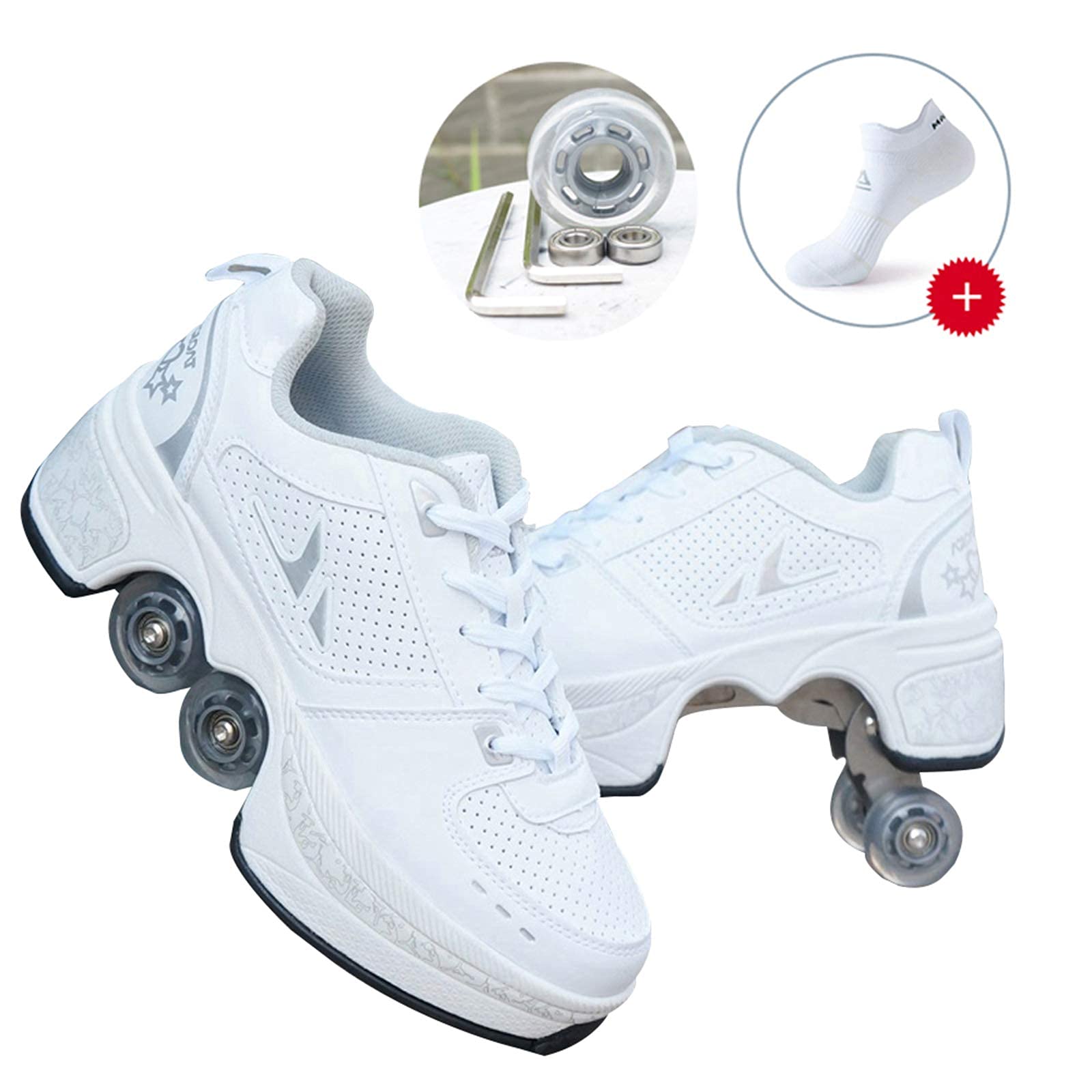 Rollschuh Roller Skates Lauflernschuhe, Sneakers, 2in1 Mehrzweckschuhe Schuhe Mit Rollen Skateboardschuhe,Inline-Skate,Verstellbare Quad-Rollschuh Stiefel,Silver-41