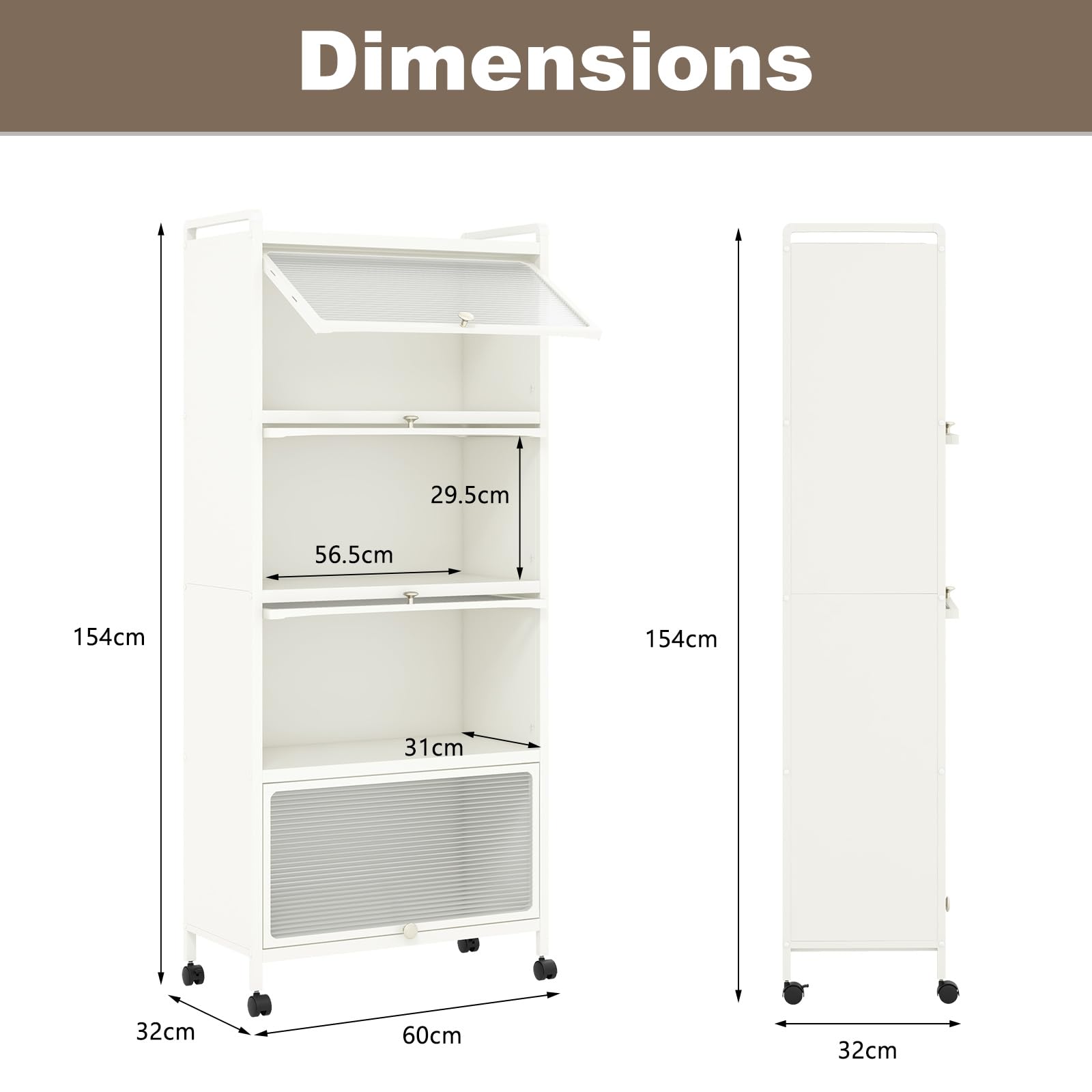KOMFOTTEU Armoire à Porte Mobile, 5 Niveaux, Fer, 60 x 32 x 154 cm, Blanc | Étagère de Cuisine, 4 roulettes, Meuble de Rangement, Kit Anti-basculement, Salon, Salle à Manger
