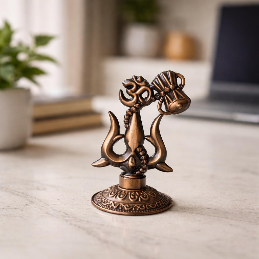 Premium Metal Shiv Trishul with Damroo Showpiece for Car Dashboard, Home Temple & Office Desk | Shiva Trishul | Housewarming, Car Gift | Dual Tape Included | 3 Inches (Copper)-image-26