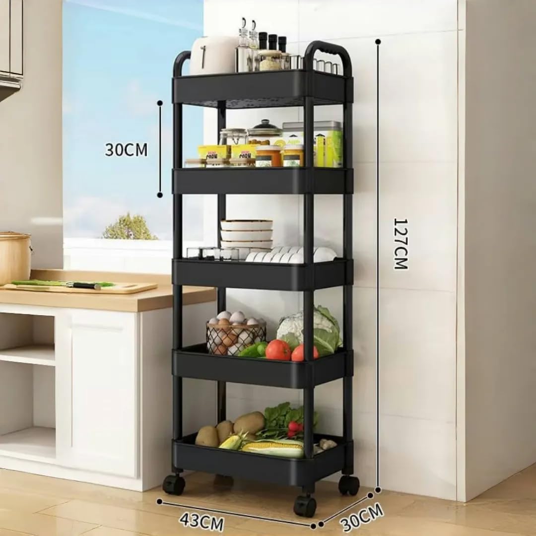 Deconation Desserte à roulettes Noire | Chariot De Cuisine Roulant 5 Niveaux | H 139 X L 41 X P 28,5 Cm | Etagère Toutes Pièces