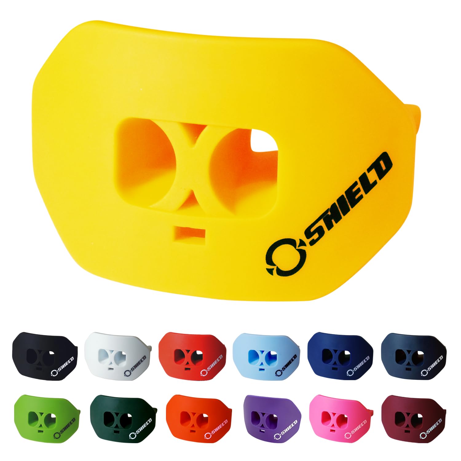 O Shield Mundschutz für Fußball mit zweilagigem Schutz, integrierte Luftkanäle, verlängertes Lippenschild, weiches Material, Erwachsenen- und Jugendgrößen mit Gurt/Etui, Gelb