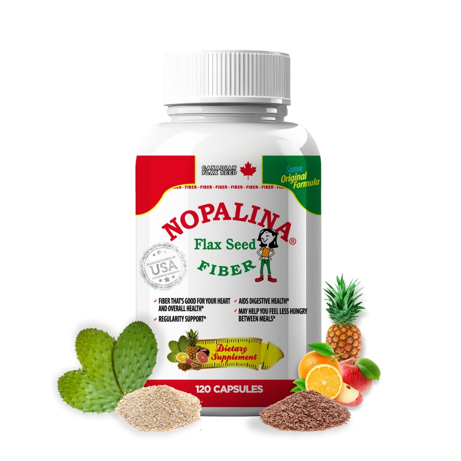 Nopalina Fiber Capsules - 240 Count - 60 Servings - Flax Seed, Psyllium, Oat and Wheat Bran, Omega 3, 6 & 9