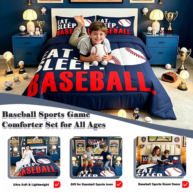 Image of Feelyou Baseball Bedding Set Toddler Size 3Pcs for Boys Girls Women Men